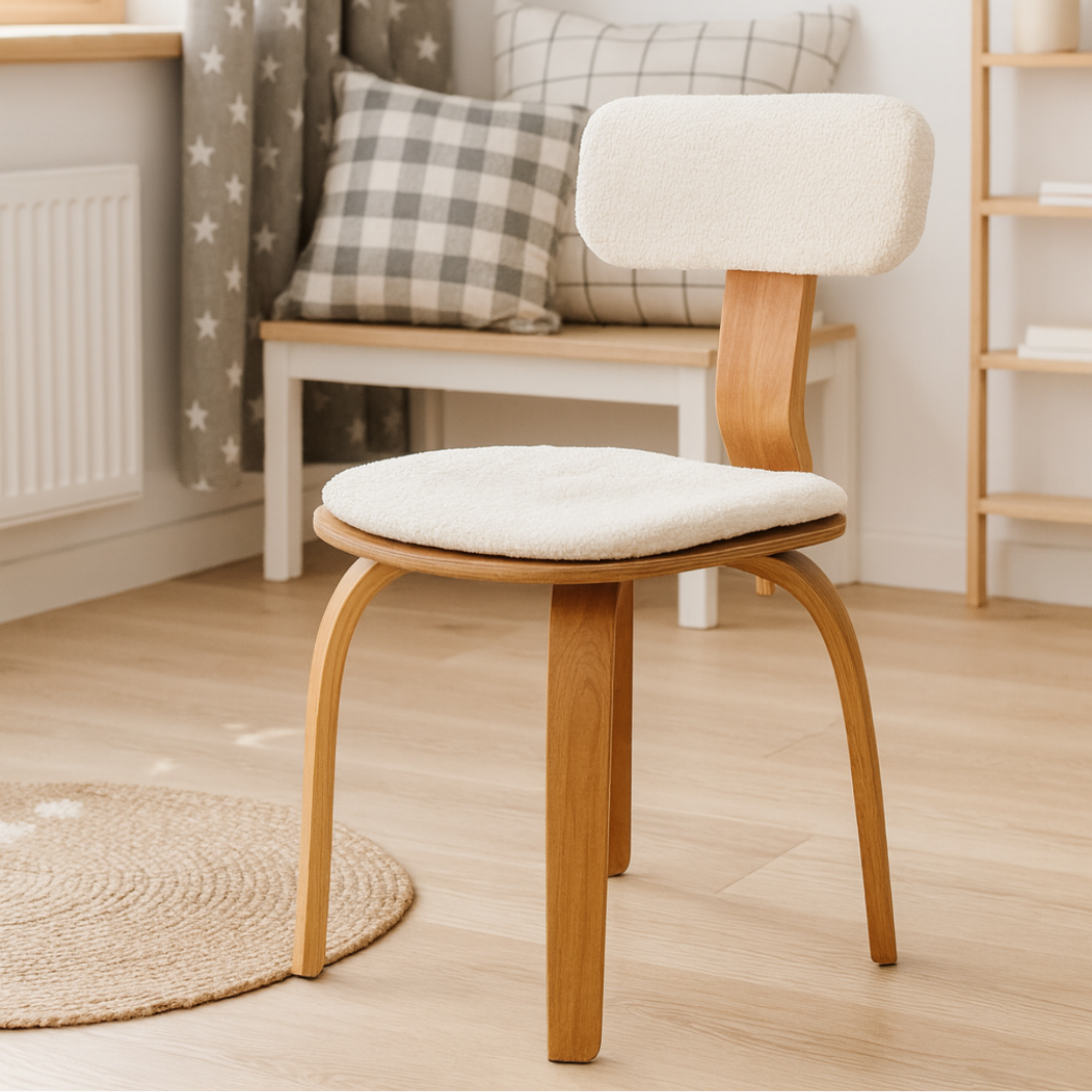 London Bohem Sandalye, Kayın Ağacı Lamine, Cilalı, Minderli, Teddy Kumaş, 1 Adet