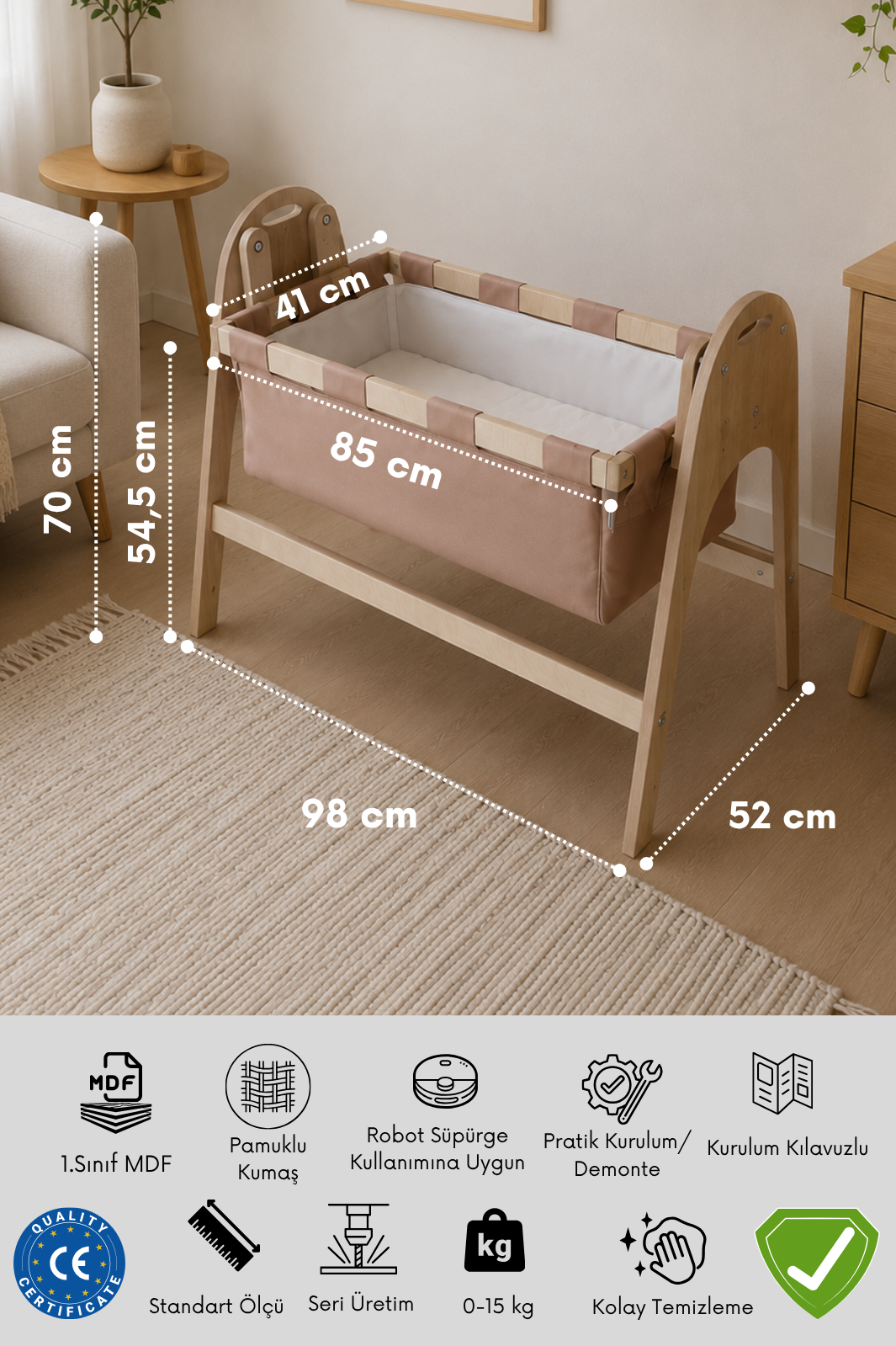 BABYSWING Sallanır Anne Yanı Beşik | 0-1 Yaş | Safir Meşe MDF
