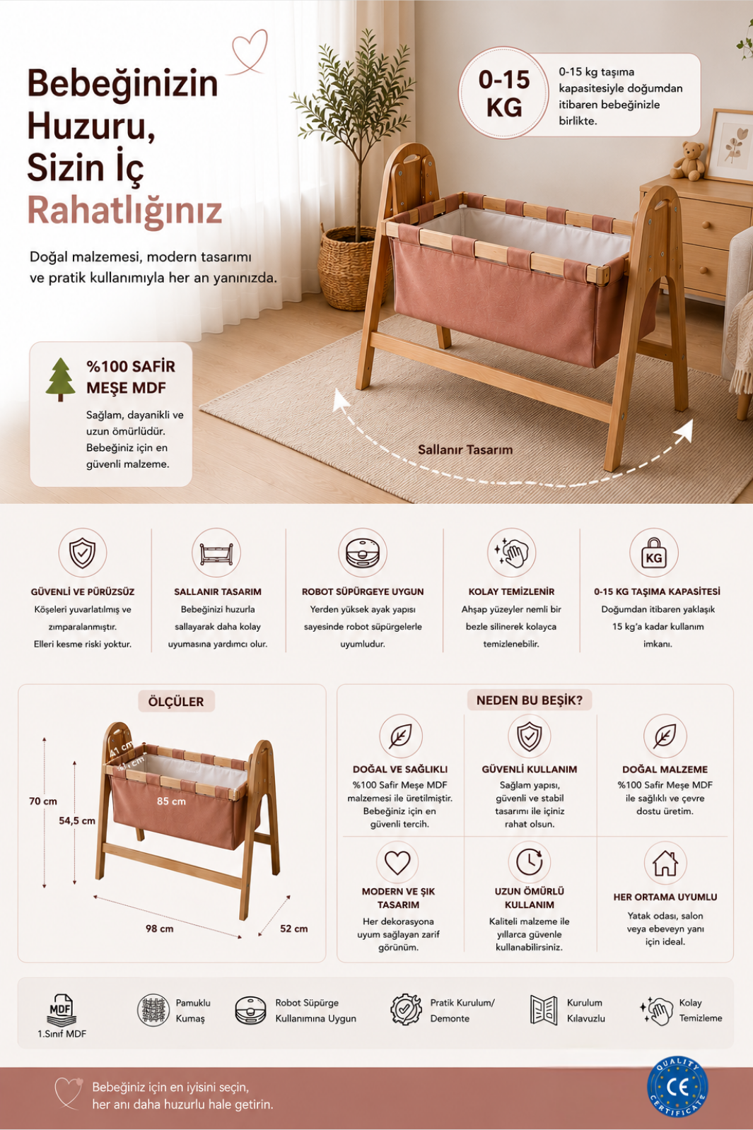 BABYSWING Sallanır Anne Yanı Beşik | 0-1 Yaş | Safir Meşe MDF