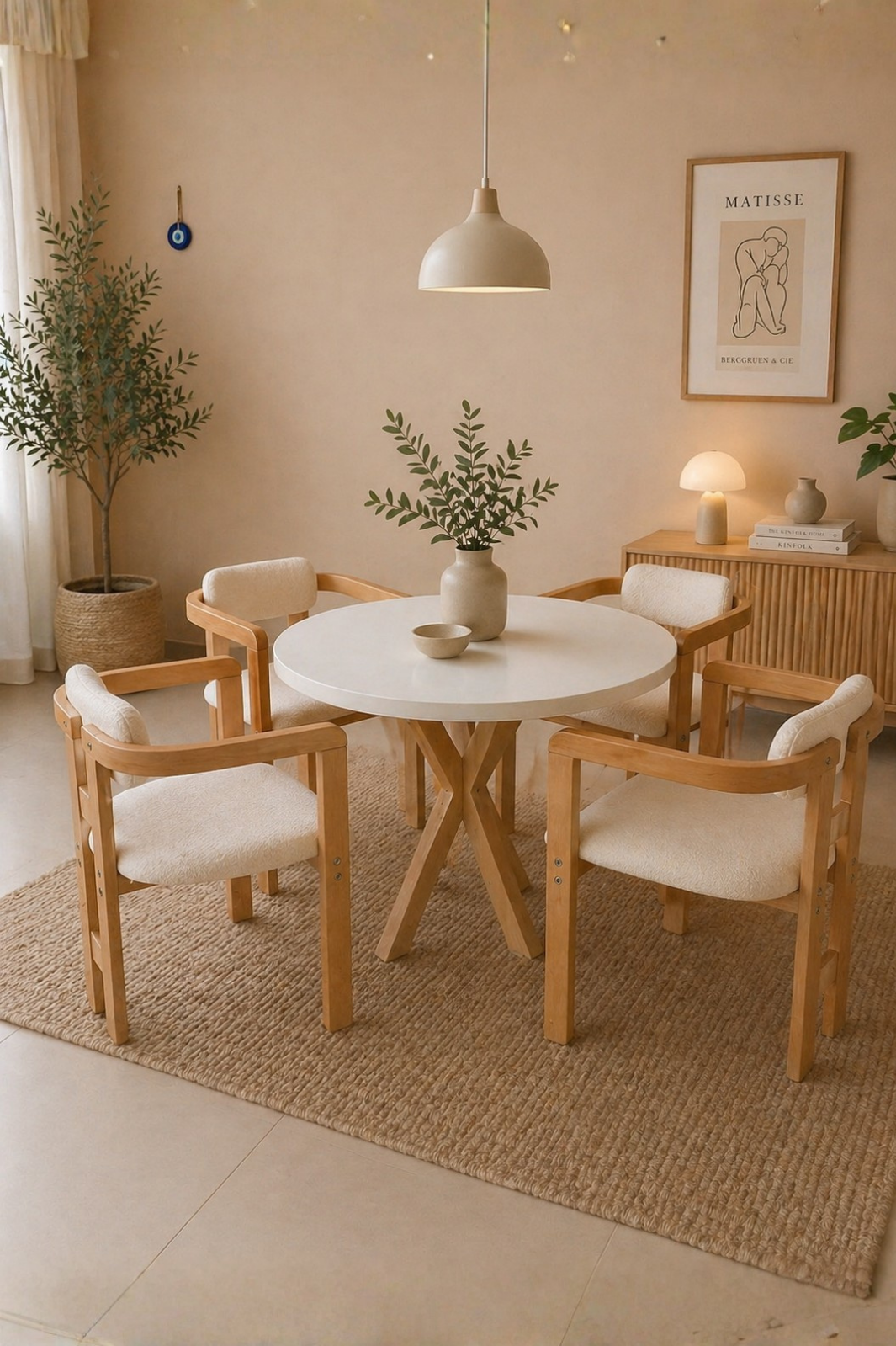 4 Kişilik İskandinav Yuvarlak Masa ve 4 İskandinav Sandalye seti | %100 MDF | %100 Kayın Ağacından Ahşap