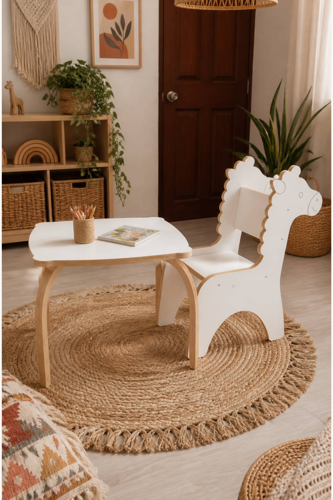 Zürafa Sandalye ve Masası | %100 MDF | Kayın Ağacından Masa Ayaklar