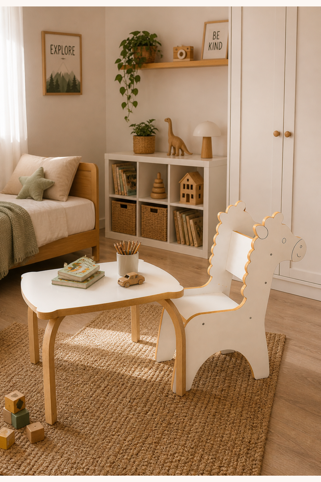 Zürafa Sandalye ve Masası | %100 MDF | Kayın Ağacından Masa Ayaklar