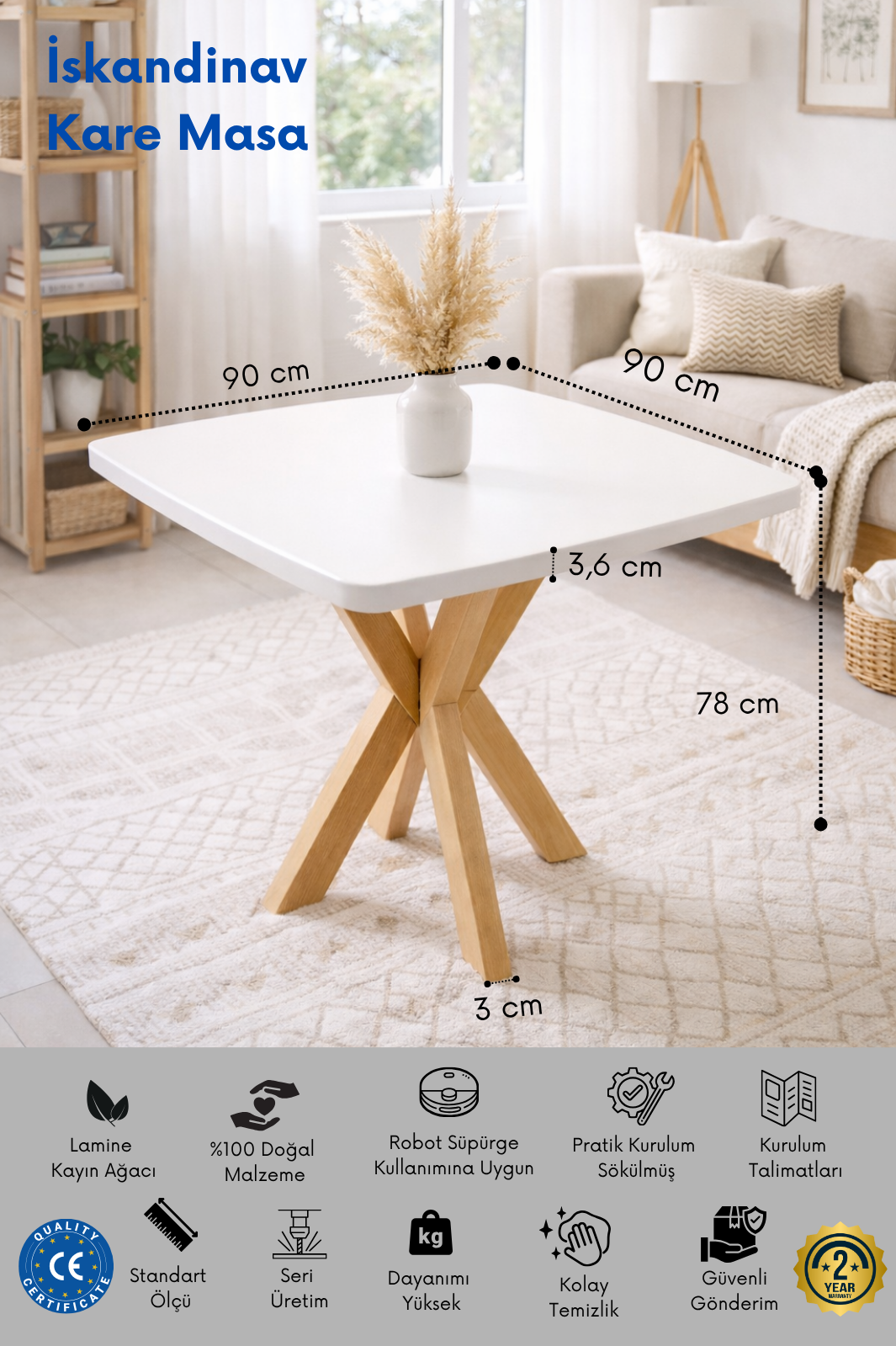4 Kişilik İskandinav Kare Yemek Masası ve 4 London Sandalye seti | %100 MDF | %100 Kayın Ağacından Ahşap Ayaklar
