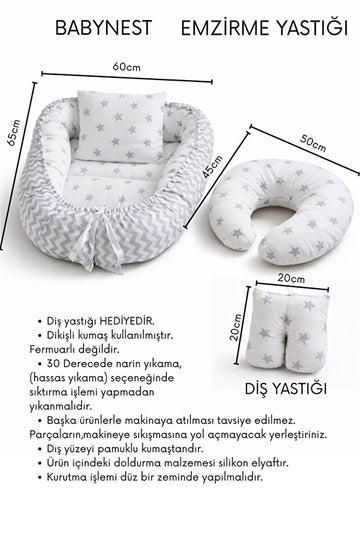 BebeK on For Babynest Gri Yıldızlı set | Emzirme Yastığı ile