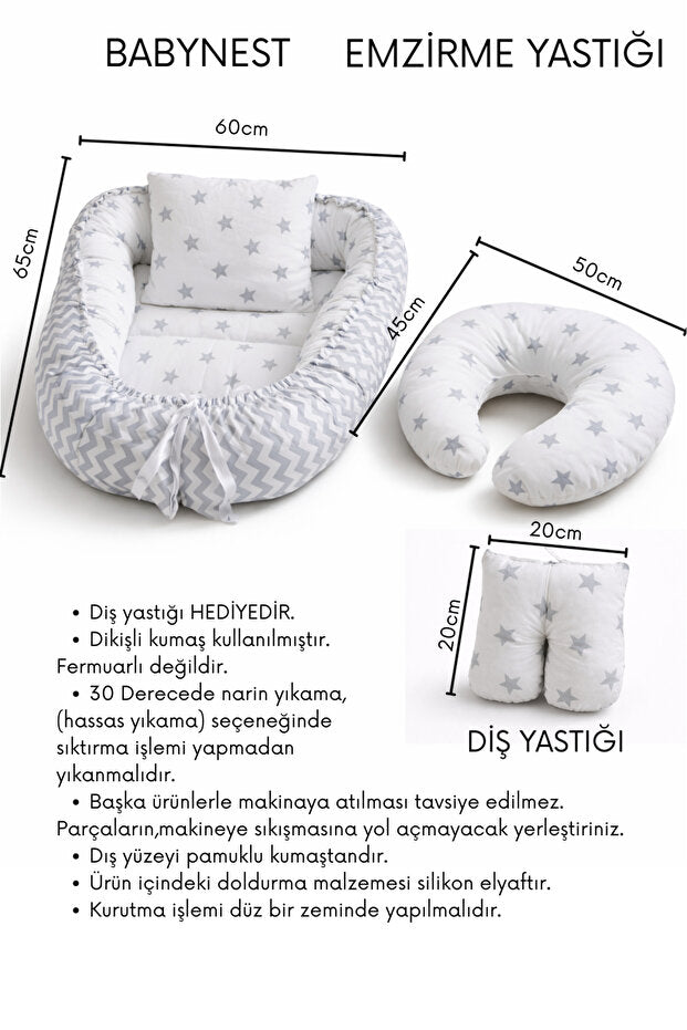 BebeK on For Babynest Gri Yıldızlı set | Emzirme Yastığı ile