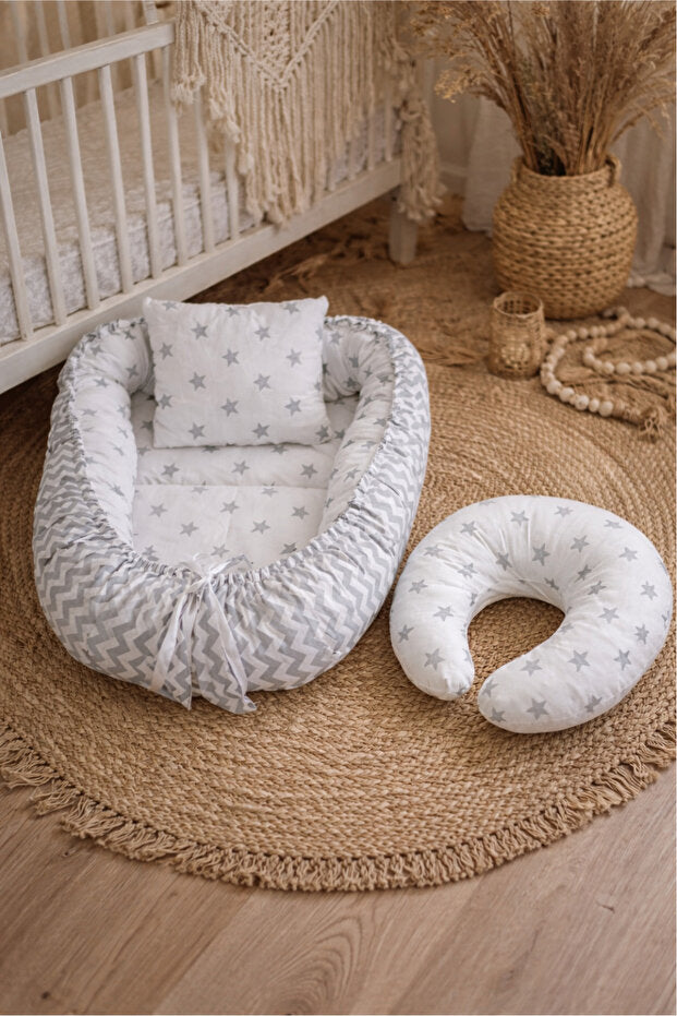 BebeK on For Babynest Gri Yıldızlı set | Emzirme Yastığı ile