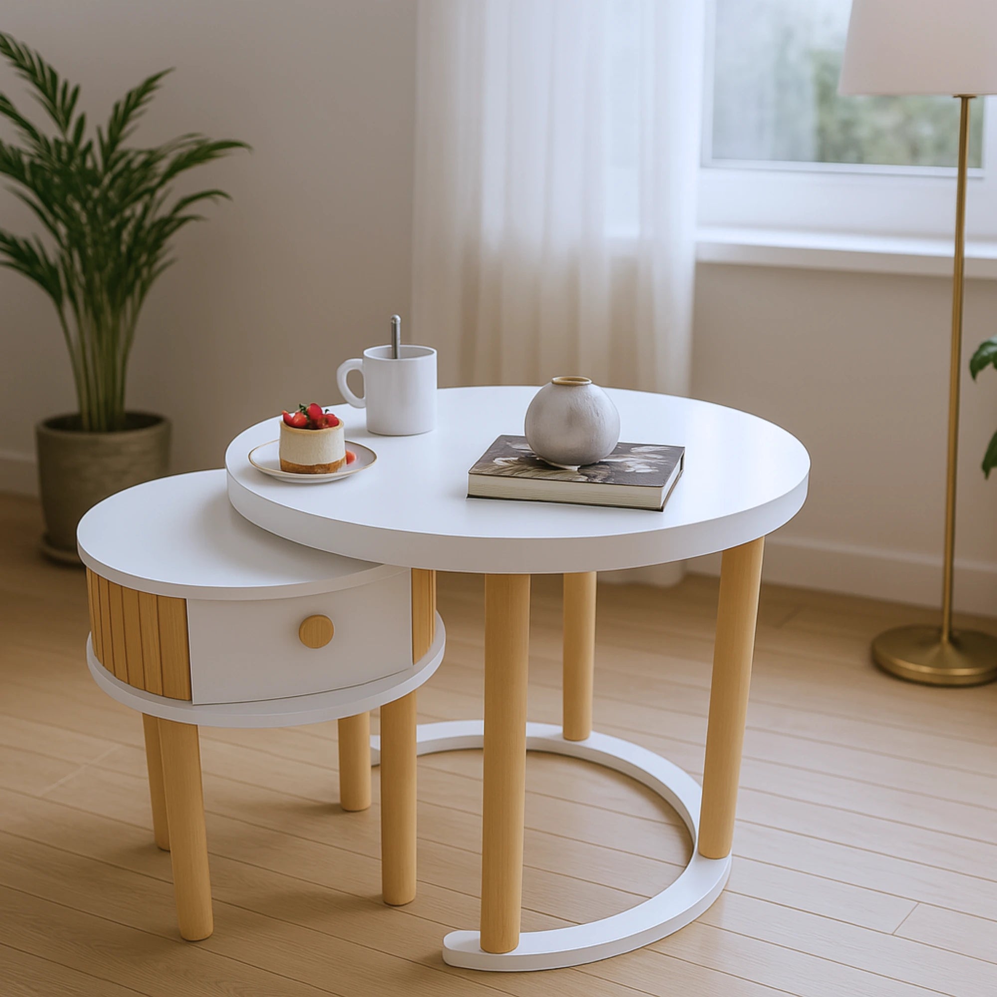 2'li Orta Sehpa Takımı, Çekmeceli Beyaz Set, %100 Mdf, Cilalı Kayın Çitalı