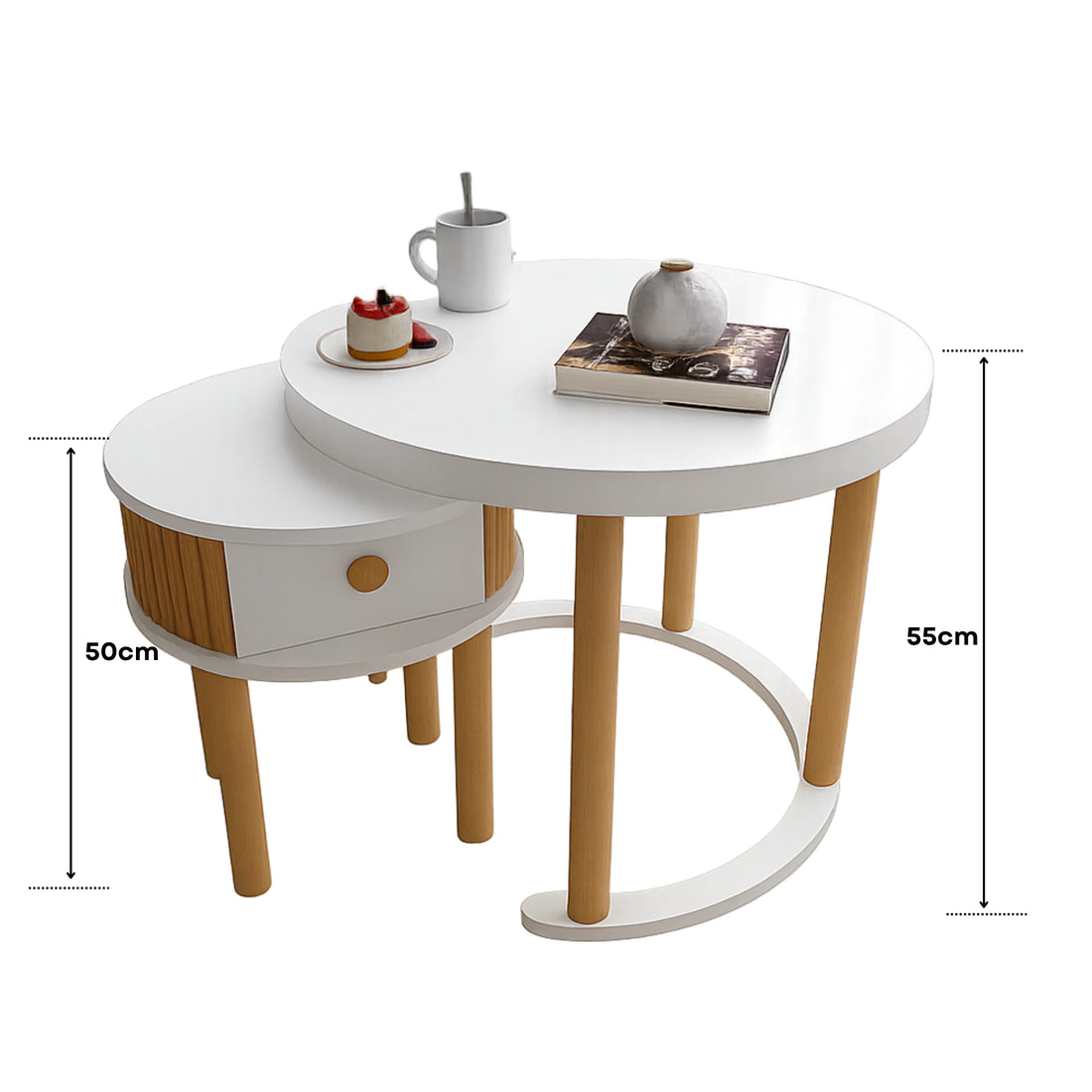 2'li Orta Sehpa Takımı, Çekmeceli Beyaz Set, %100 Mdf, Cilalı Kayın Çitalı