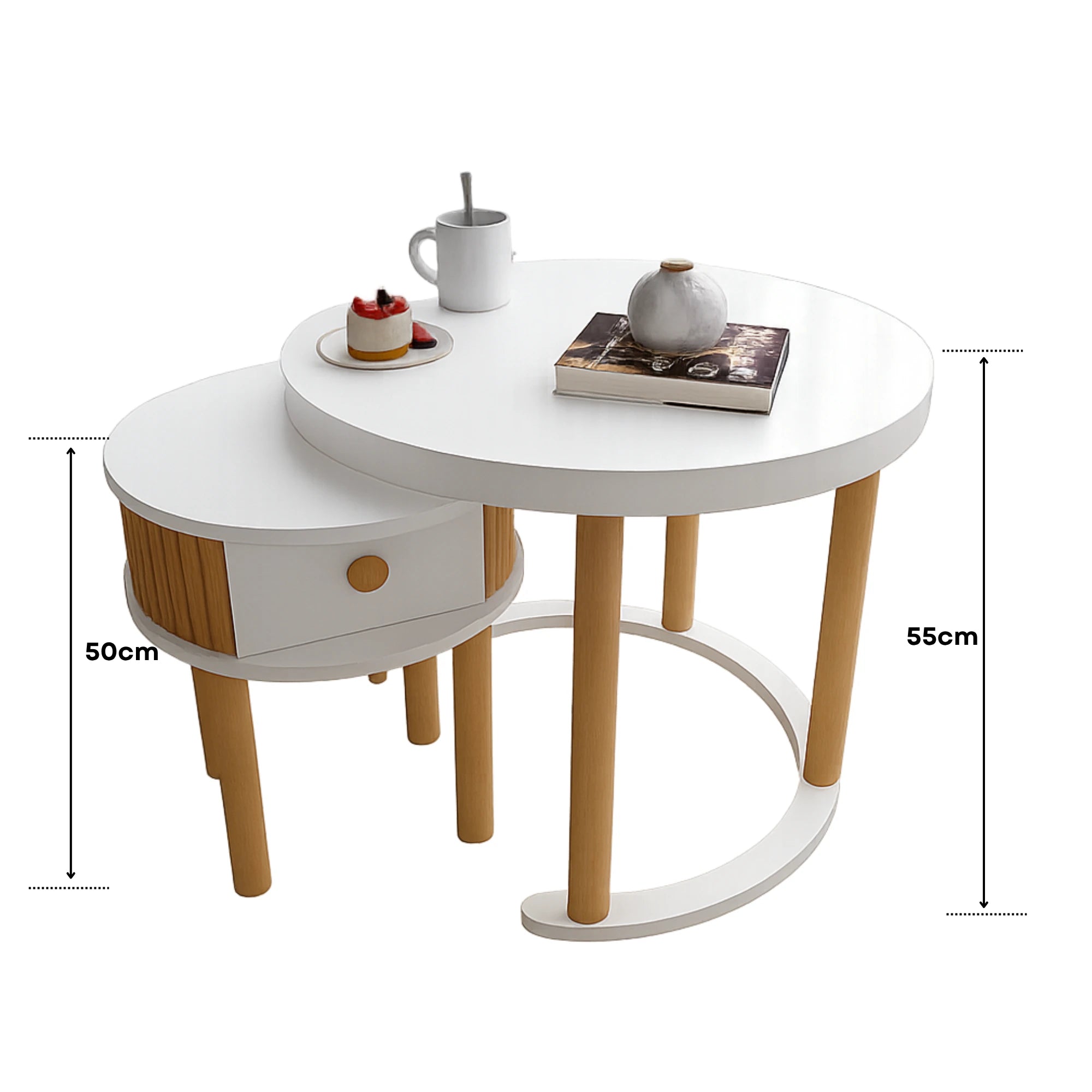 2'li Orta Sehpa Takımı, Çekmeceli Beyaz Set, %100 Mdf, Cilalı Kayın Çitalı