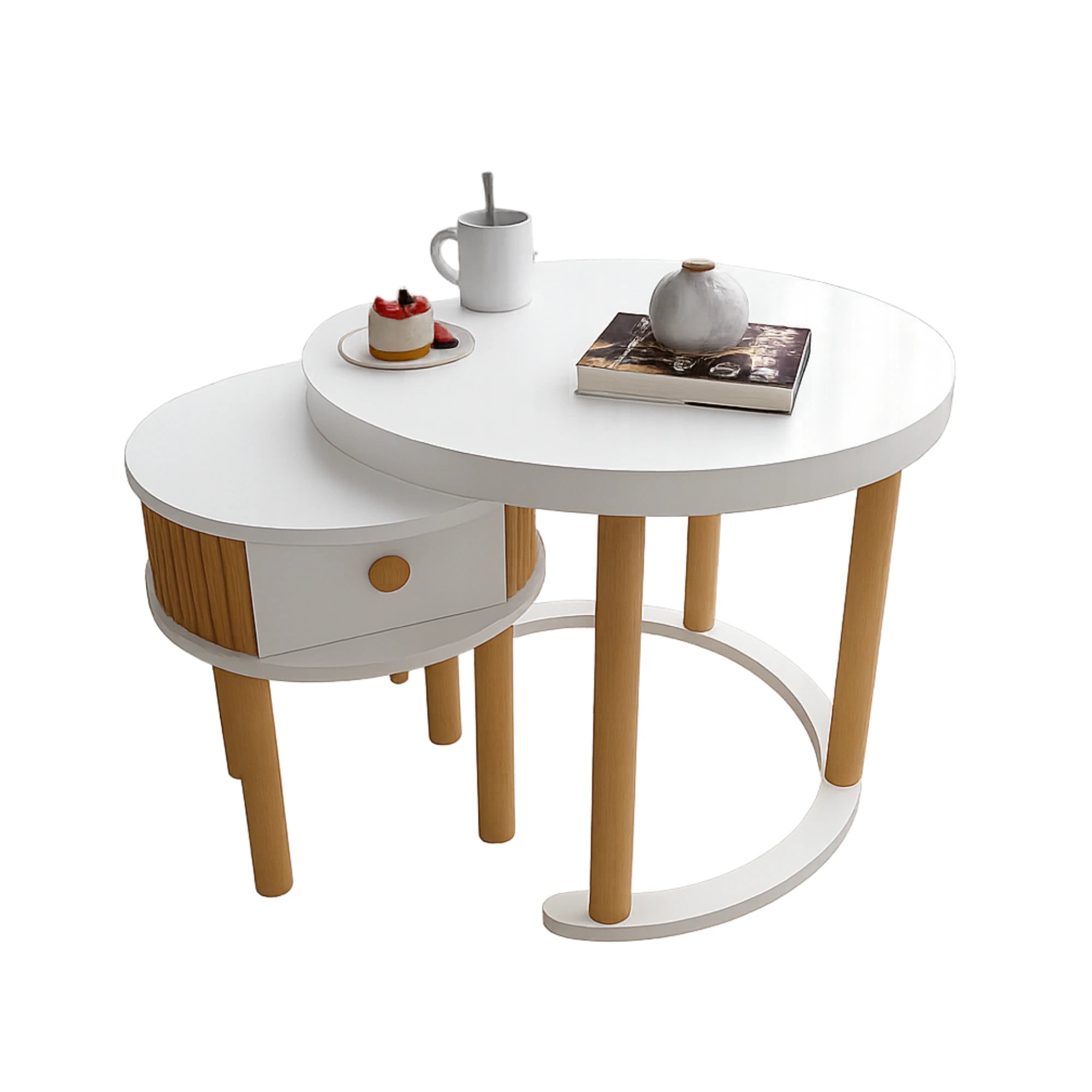 2'li Orta Sehpa Takımı, Çekmeceli Beyaz Set, %100 Mdf, Cilalı Kayın Çitalı