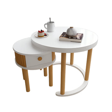 2'li Orta Sehpa Takımı, Çekmeceli Beyaz Set, %100 Mdf, Cilalı Kayın Çitalı