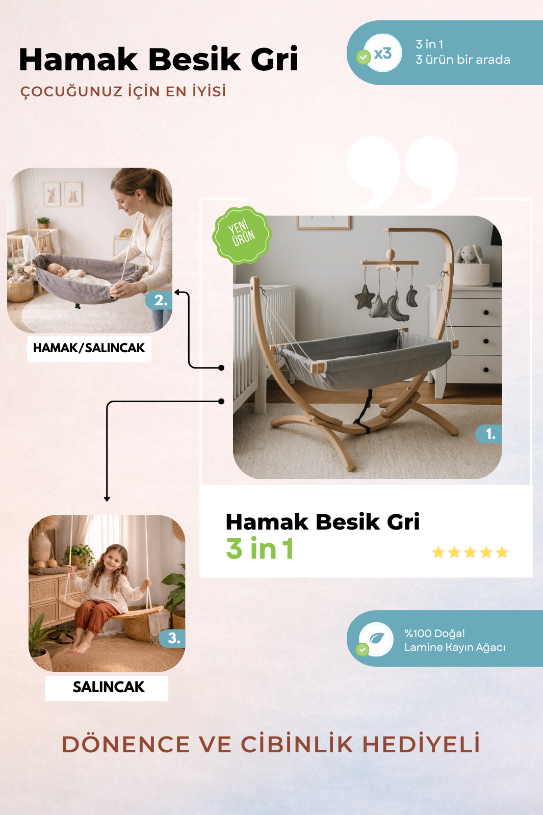Ahşap Bebek Hamağı Sallanabilir-Sabitlenebilir Oyuncaklı