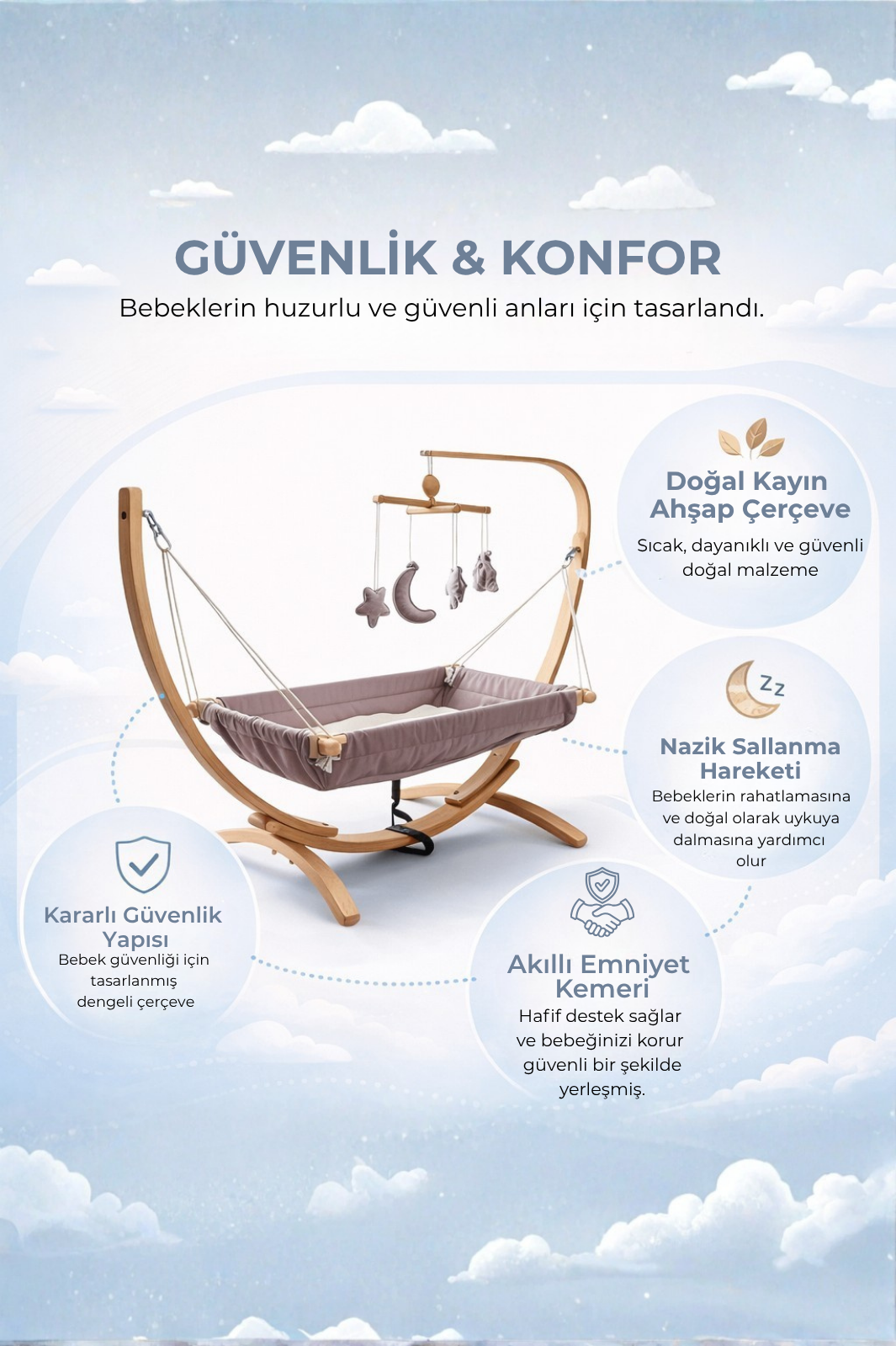 Ahşap Bebek Hamağı Sallanabilir-Sabitlenebilir Oyuncaklı