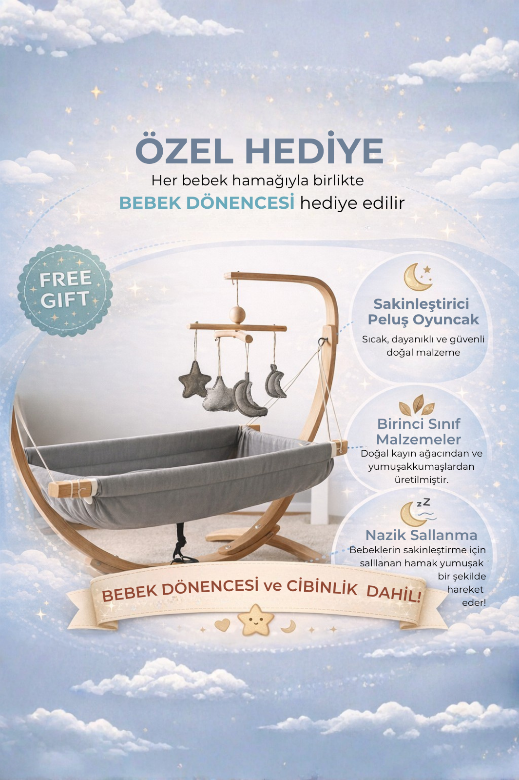 Ahşap Bebek Hamağı Sallanabilir-Sabitlenebilir Oyuncaklı