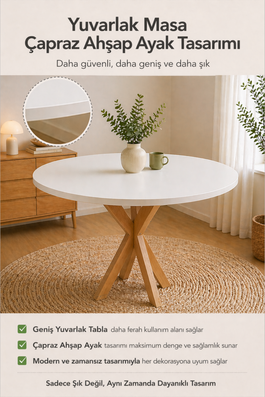 4 Kişilik İskandinav Yuvarlak Masa | %100 MDF %100 Kayın Ağacı Ayak