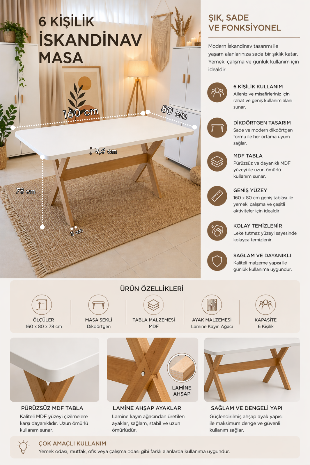6 Kişilik İskandinav Yemek Masası | 36mm Çift Kat Mdf Tabla, Beyaz Renk, Kayın Ahşap Ayaklı Masa