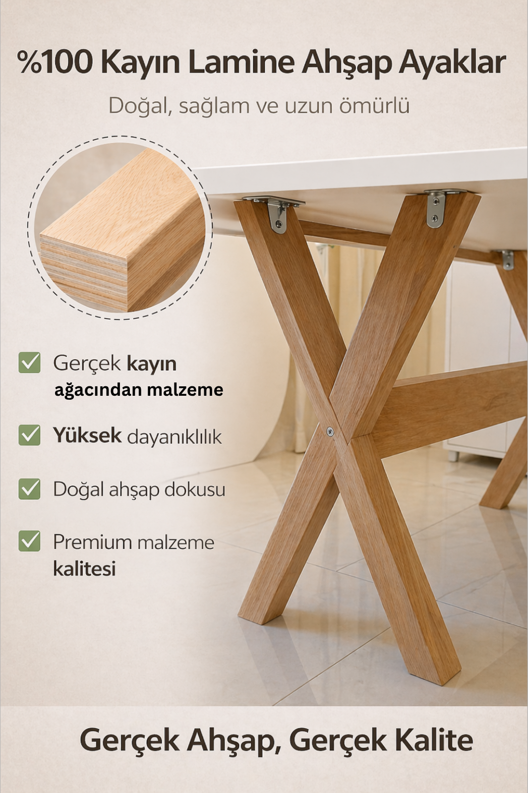 6 Kişilik İskandinav Yemek Masası | 36mm Çift Kat Mdf Tabla, Beyaz Renk, Kayın Ahşap Ayaklı Masa