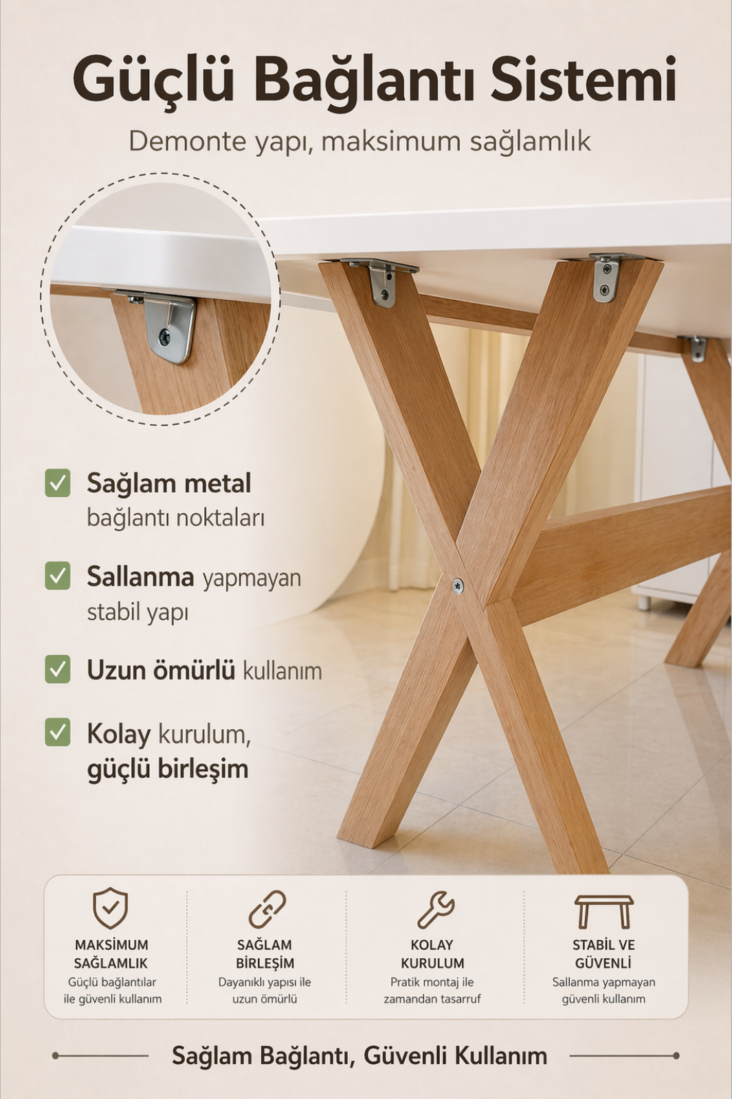 6 Kişilik İskandinav Yemek Masası | 36mm Çift Kat Mdf Tabla, Beyaz Renk, Kayın Ahşap Ayaklı Masa