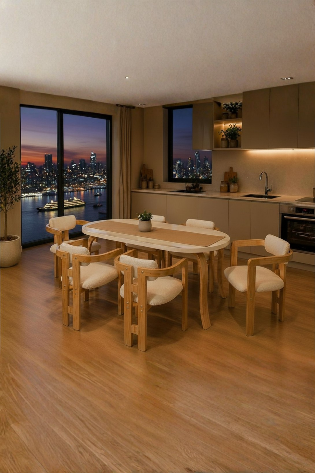 6 Kişilik Kelebek Yemek Masası ve 6 İskandinav Sandalye seti | %100 MDF | %100 Kayın Ağacından Ayak Malzemesi