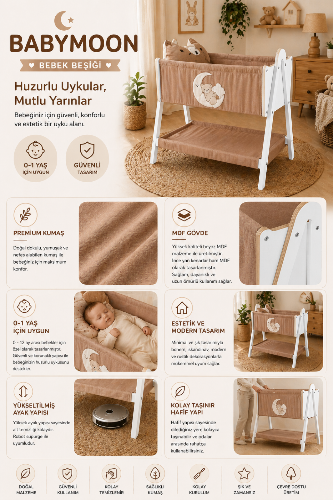 Babymoon Beşik | 0-1 Yaş | %100 MDF | Yastık - Sünger Yatak HEDİYELİ