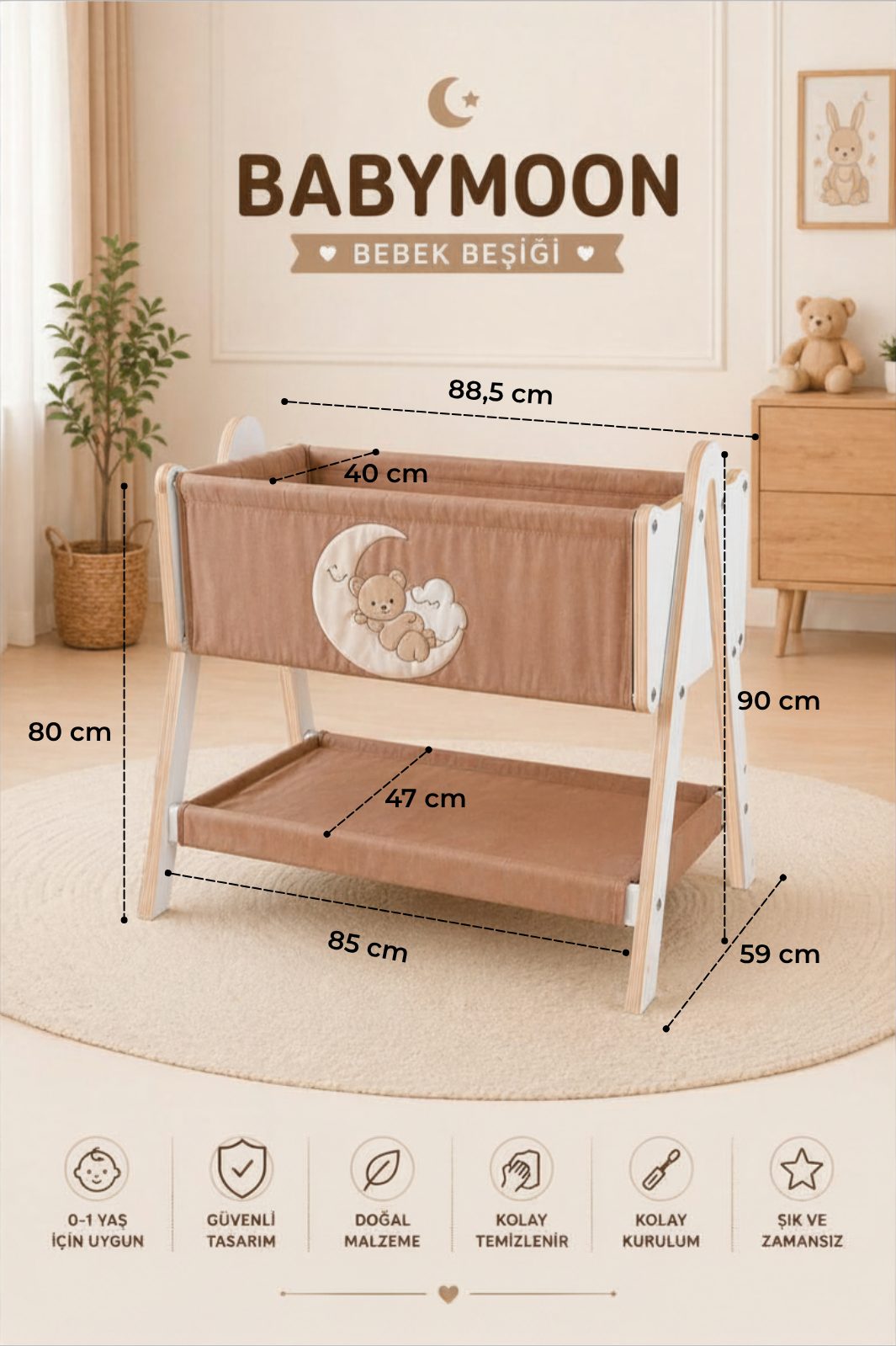Babymoon Beşik | 0-1 Yaş | %100 MDF | Yastık - Sünger Yatak HEDİYELİ