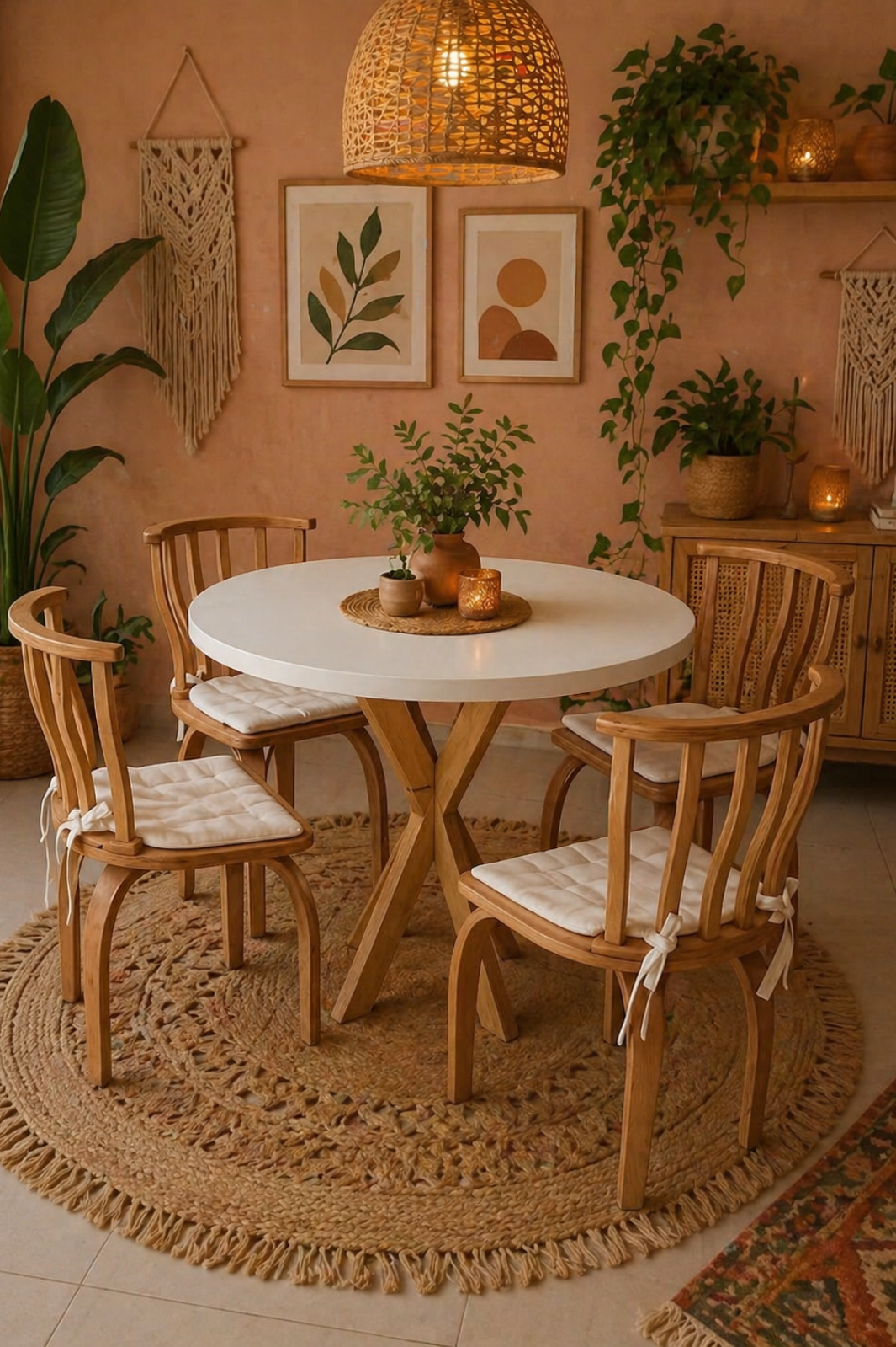 4 Kişilik İskandinav Yuvarlak Yemek Masası ve 4 İtalyan Sandalye seti | %100 MDF | %100 Kayın Ağacından Ahşap Ayak