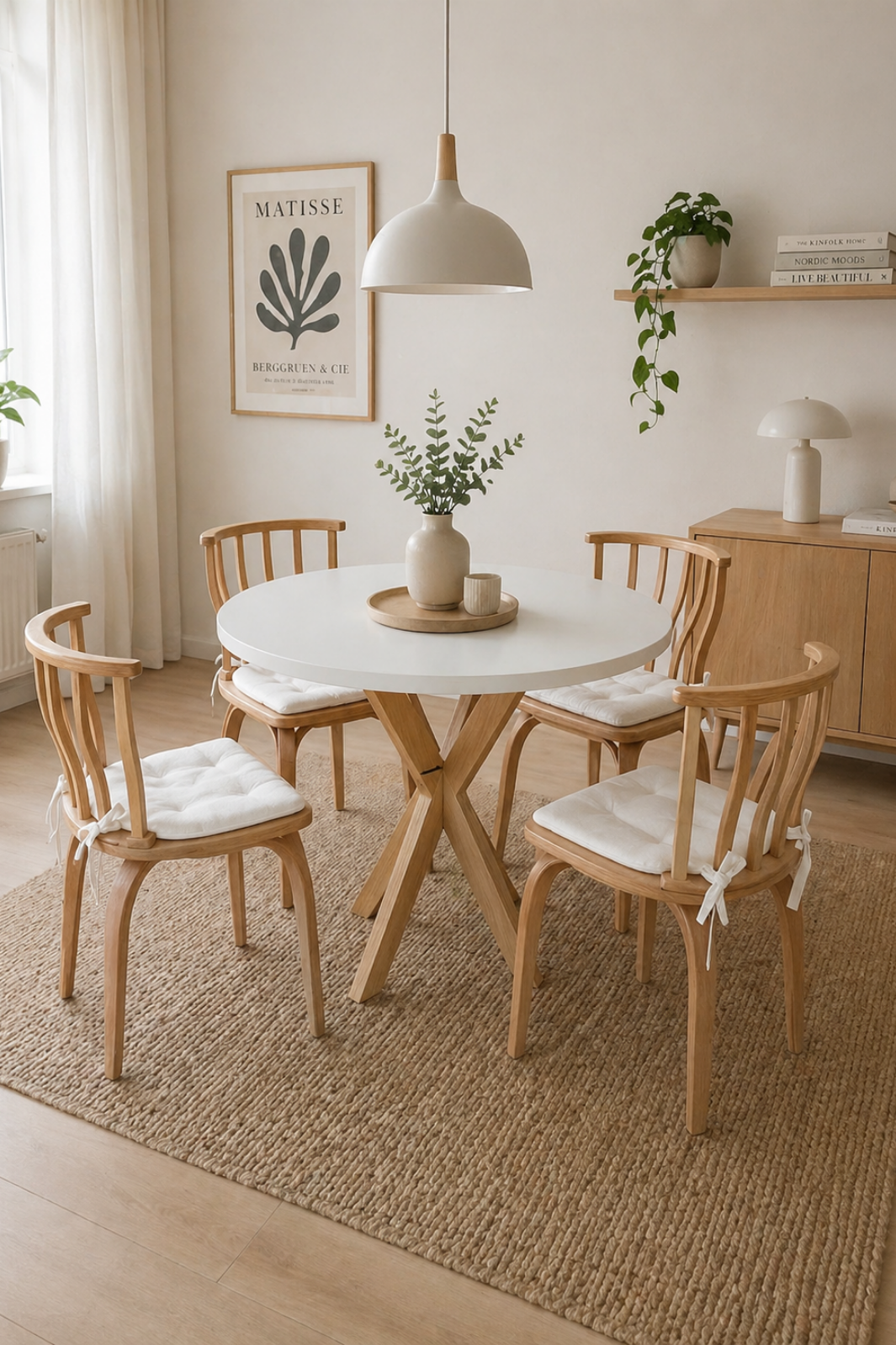 4 Kişilik İskandinav Yuvarlak Yemek Masası ve 4 İtalyan Sandalye seti | %100 MDF | %100 Kayın Ağacından Ahşap Ayak