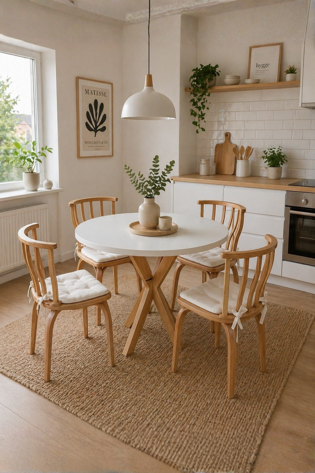 4 Kişilik İskandinav Yuvarlak Yemek Masası ve 4 İtalyan Sandalye seti | %100 MDF | %100 Kayın Ağacından Ahşap Ayak