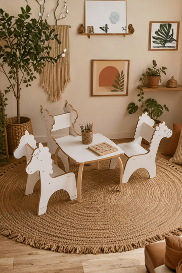 Hayvanlar Alemi Çocuk Aktivite Masası | %100 MDF | 3 Adet Hayvan Figürlü Sandalye