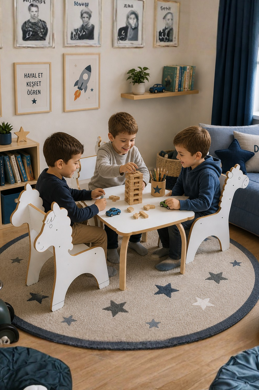 Hayvanlar Alemi Çocuk Aktivite Masası | %100 MDF | 3 Adet Hayvan Figürlü Sandalye