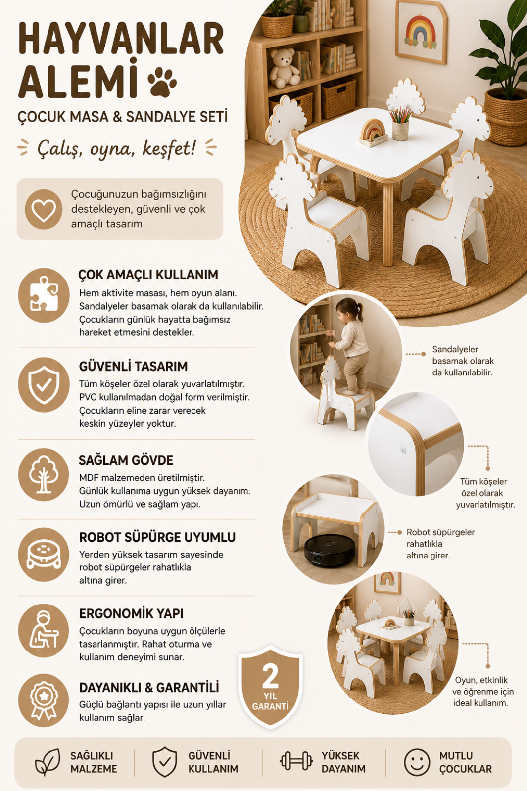 Hayvanlar Alemi Çocuk Aktivite Masası | %100 MDF | 3 Adet Hayvan Figürlü Sandalye