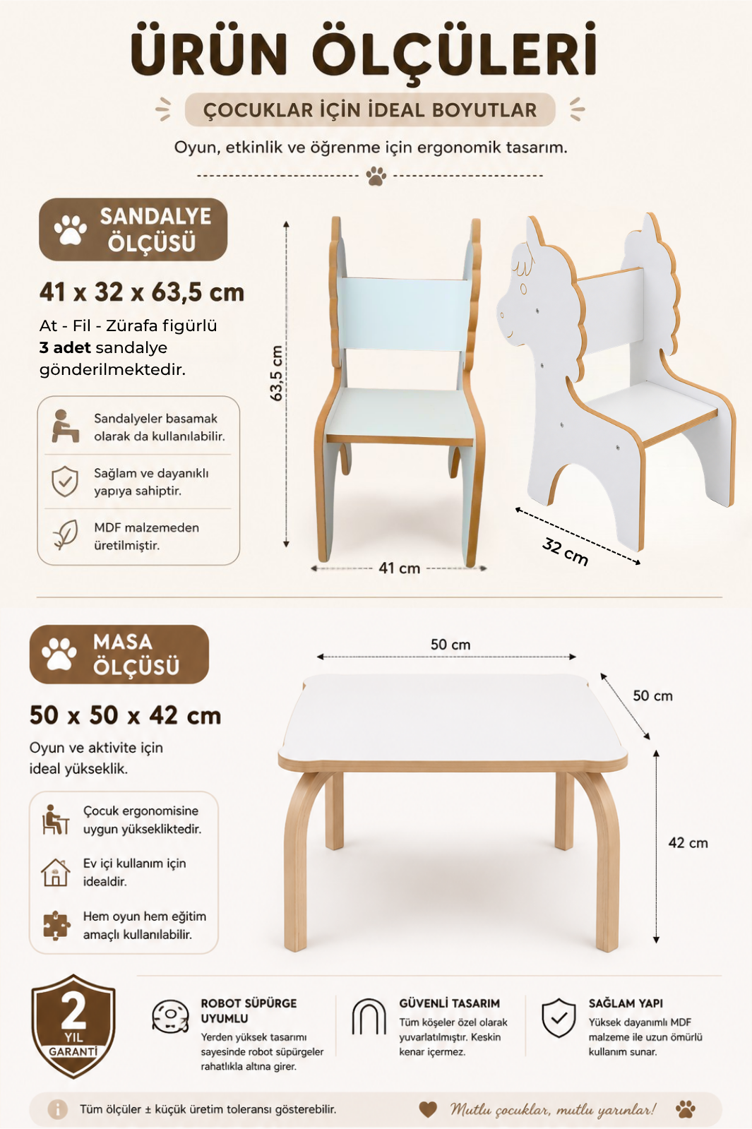 Hayvanlar Alemi Çocuk Aktivite Masası | %100 MDF | 3 Adet Hayvan Figürlü Sandalye