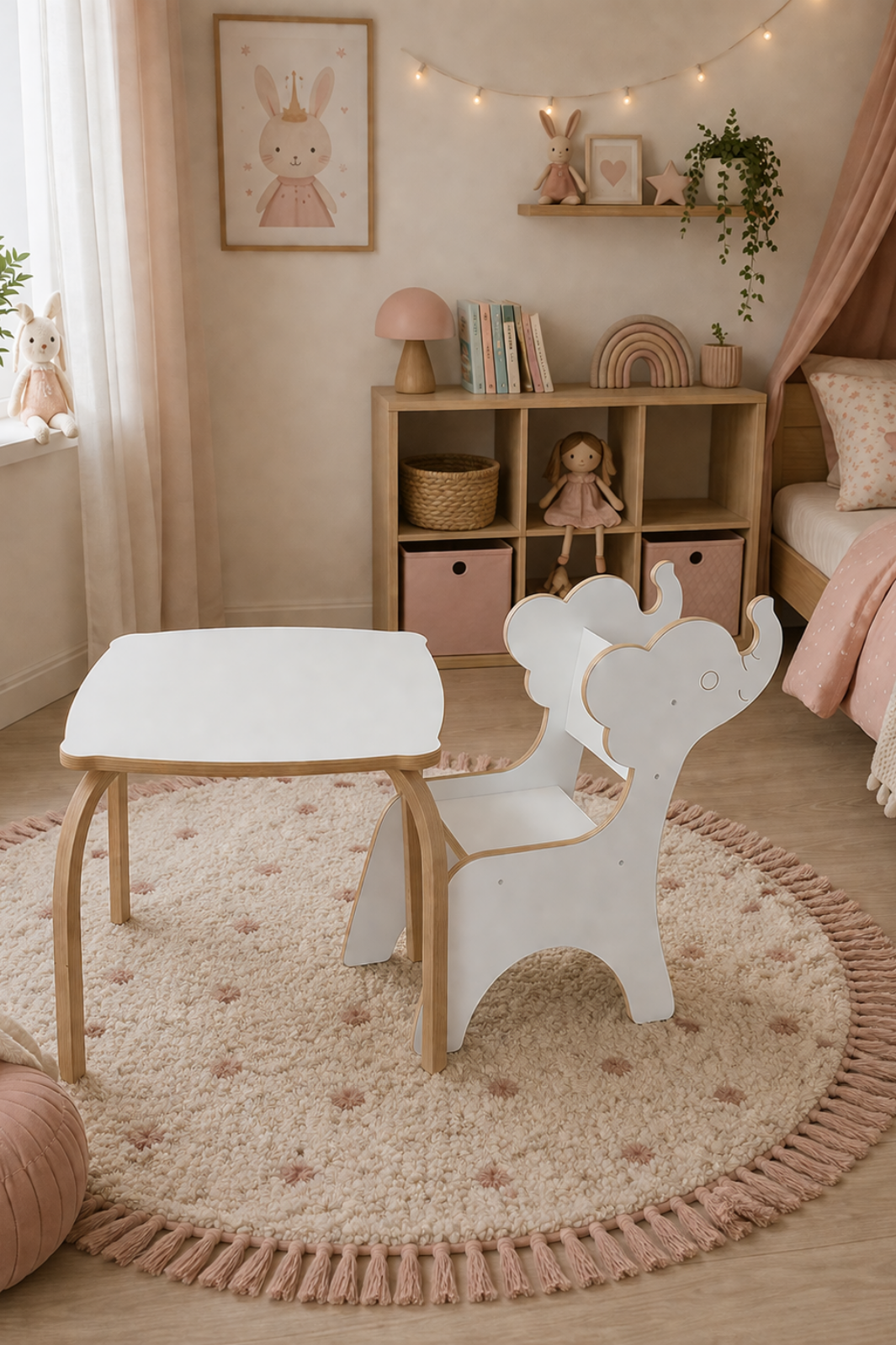 Fil Sandalye ve Masası | %100 MDF | Kayın Ağacından Masa Ayaklar
