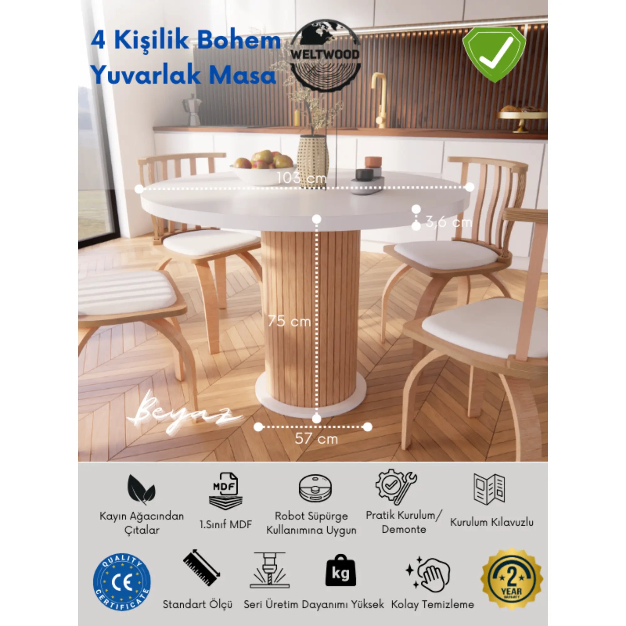 4 Kişilik İskandinav Beyaz Renkli Sandalye Setli Yuvarlak Yemek Masası, Bohem Stil (4 Sandalye Dahil)