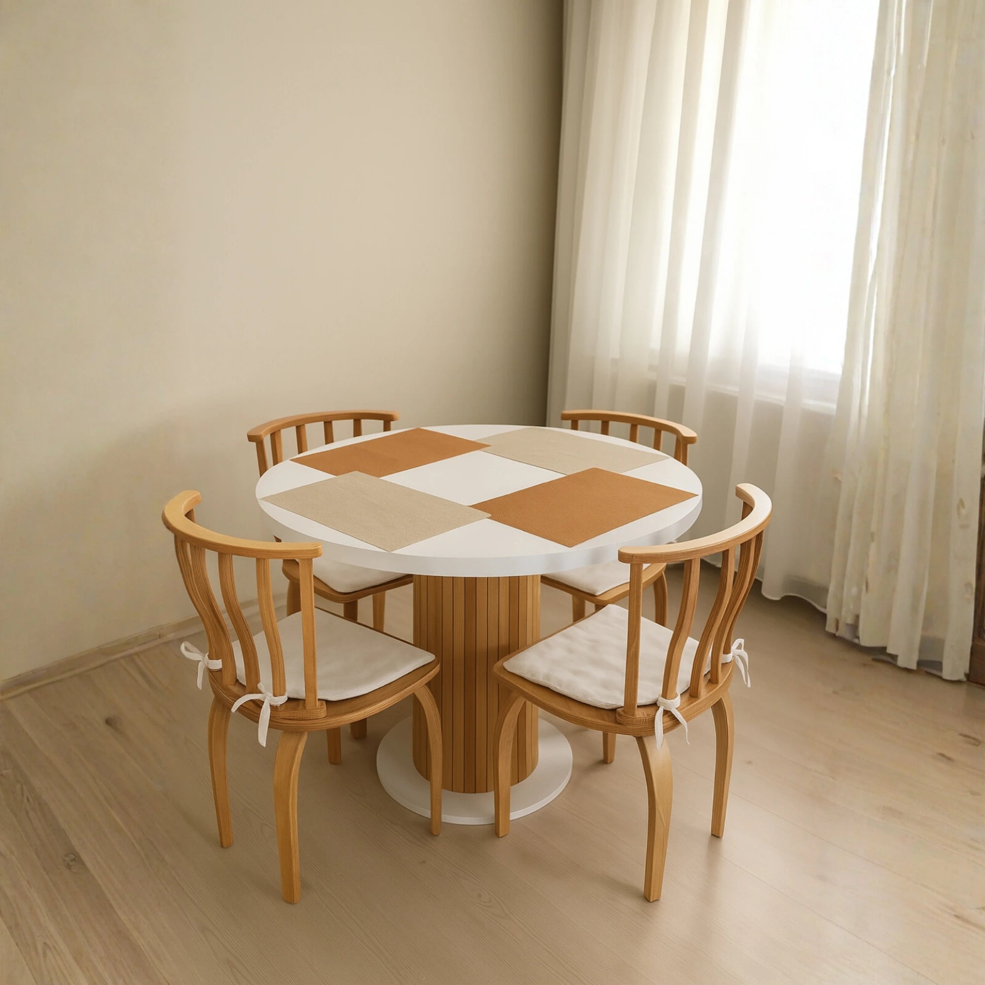 4 Kişilik İtalyan Beyaz Renkli Sandalye Setli Yuvarlak Yemek Masası, Bohem Stil (4 Sandalye Dahil)