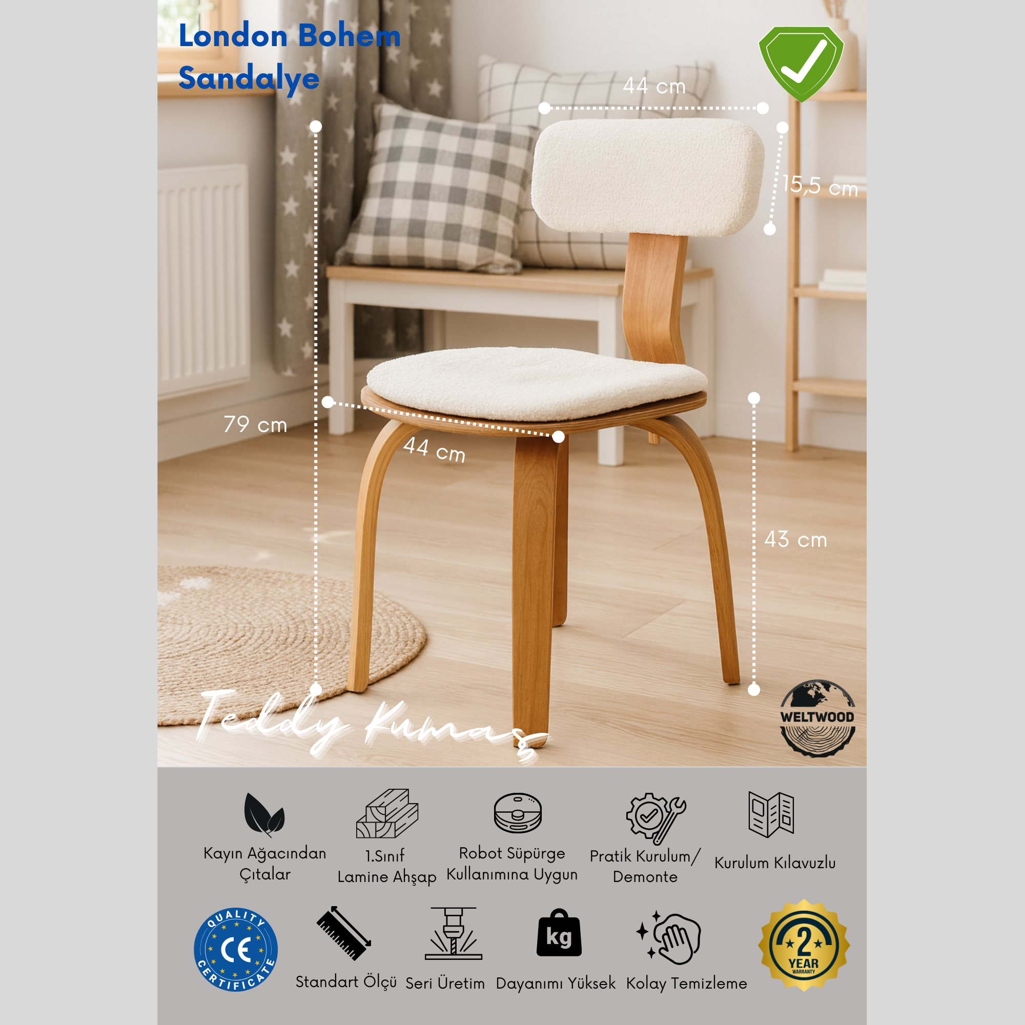 4 Kişilik Masa ve 4 London Sandalye | Teddy Kumaş Minder