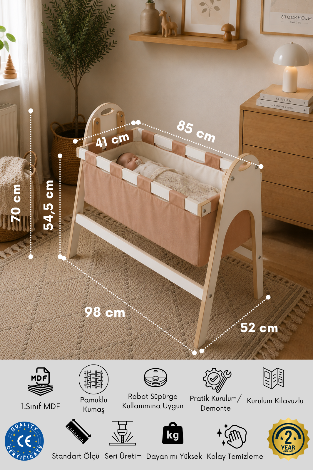 BABYSWING Sallanır Anne Yanı Beşik | 0-1 Yaş | %100 BEYAZ MDF