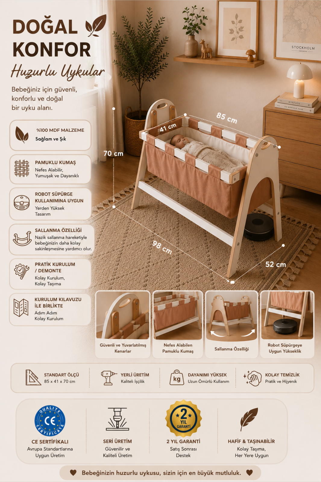 BABYSWING Sallanır Anne Yanı Beşik | 0-1 Yaş | %100 BEYAZ MDF