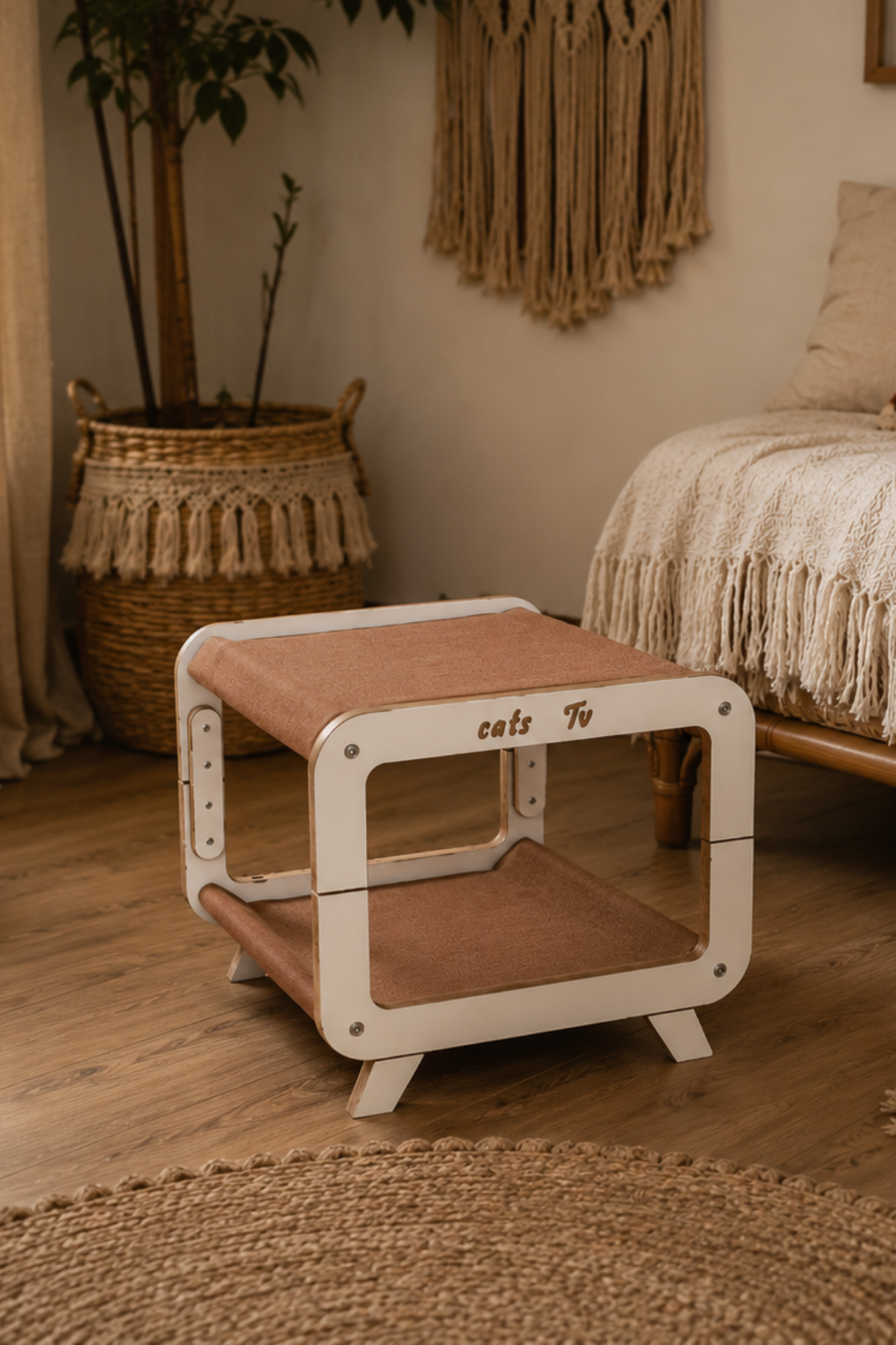 Moka MDF Kedi Evi – Retro/Modern Tasarım MDF Kedi Yuvası | Minder Hediyeli Modern Kedi Yatağı