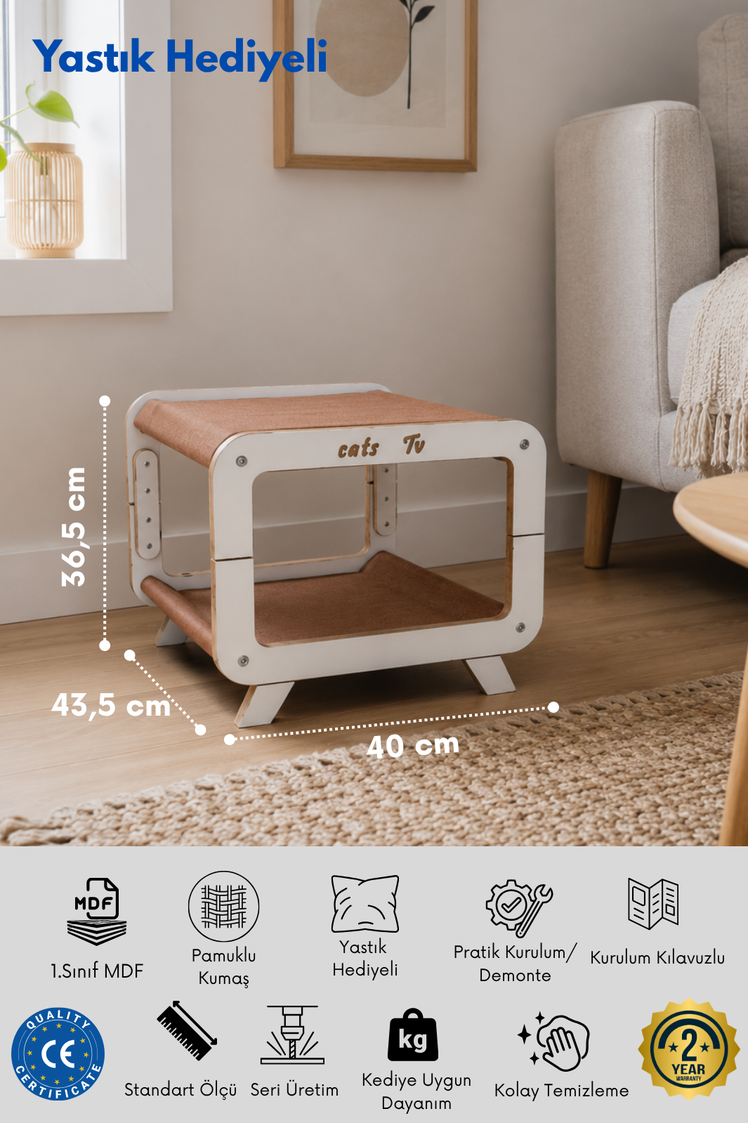Moka MDF Kedi Evi – Retro/Modern Tasarım MDF Kedi Yuvası | Minder Hediyeli Modern Kedi Yatağı