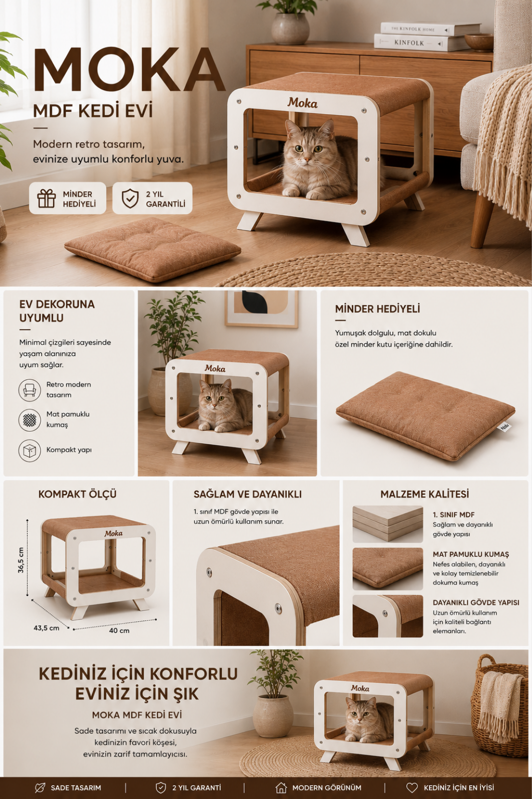Moka MDF Kedi Evi – Retro/Modern Tasarım MDF Kedi Yuvası | Minder Hediyeli Modern Kedi Yatağı