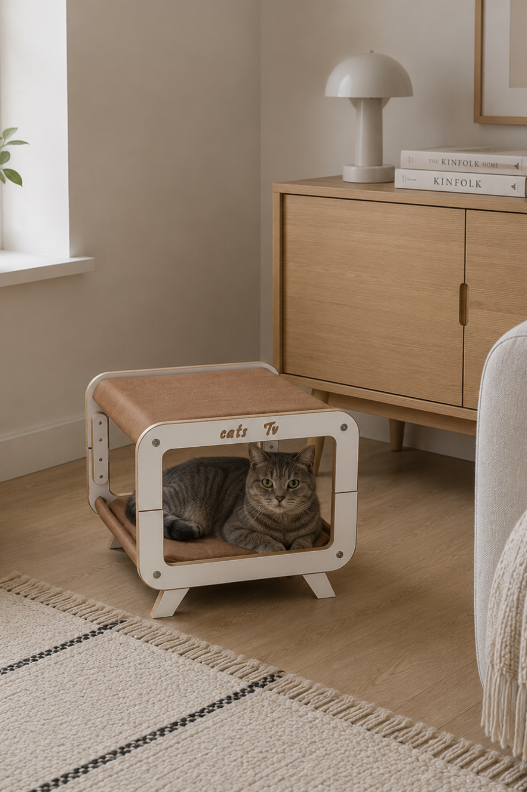 Moka MDF Kedi Evi – Retro/Modern Tasarım MDF Kedi Yuvası | Minder Hediyeli Modern Kedi Yatağı