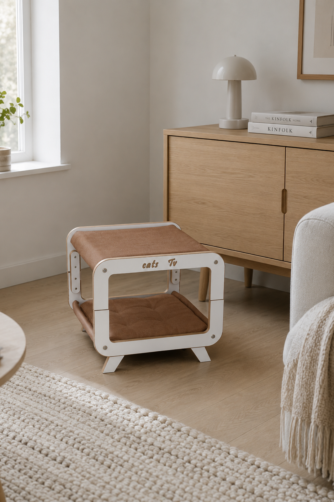 Moka MDF Kedi Evi – Retro/Modern Tasarım MDF Kedi Yuvası | Minder Hediyeli Modern Kedi Yatağı