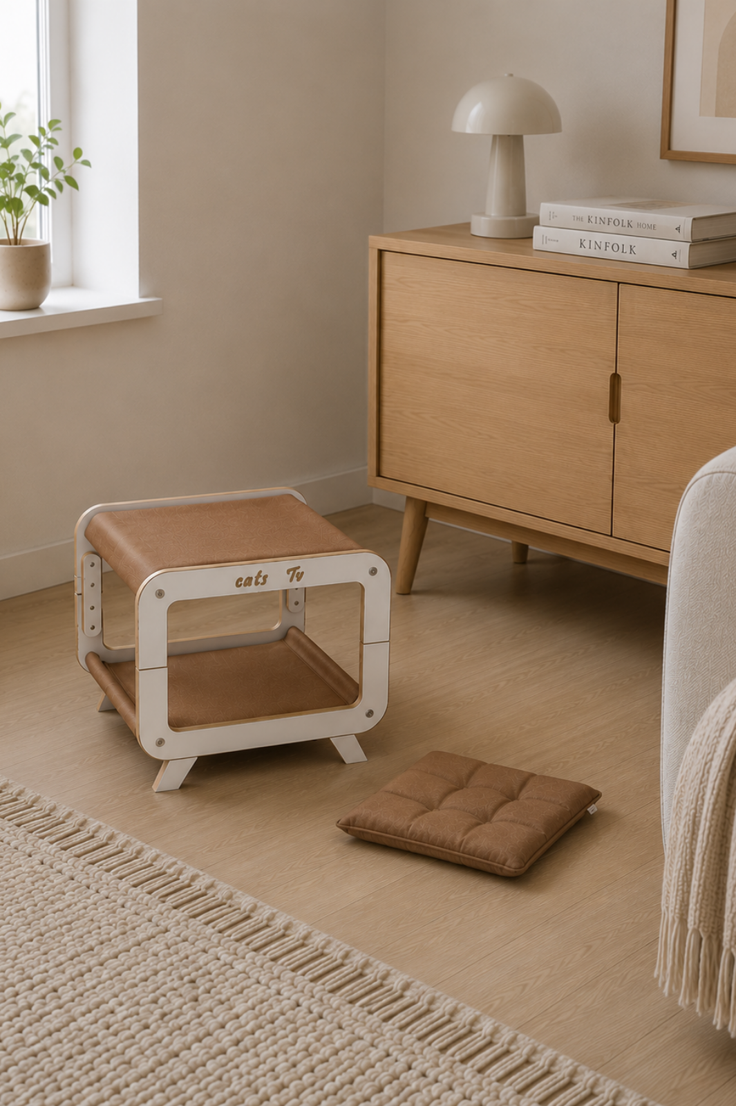 Moka MDF Kedi Evi – Retro/Modern Tasarım MDF Kedi Yuvası | Minder Hediyeli Modern Kedi Yatağı