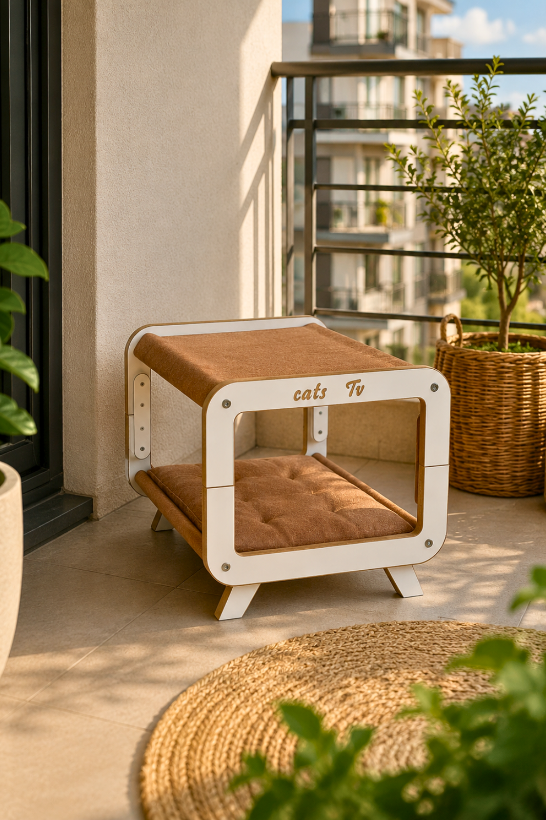 Moka MDF Kedi Evi – Retro/Modern Tasarım MDF Kedi Yuvası | Minder Hediyeli Modern Kedi Yatağı
