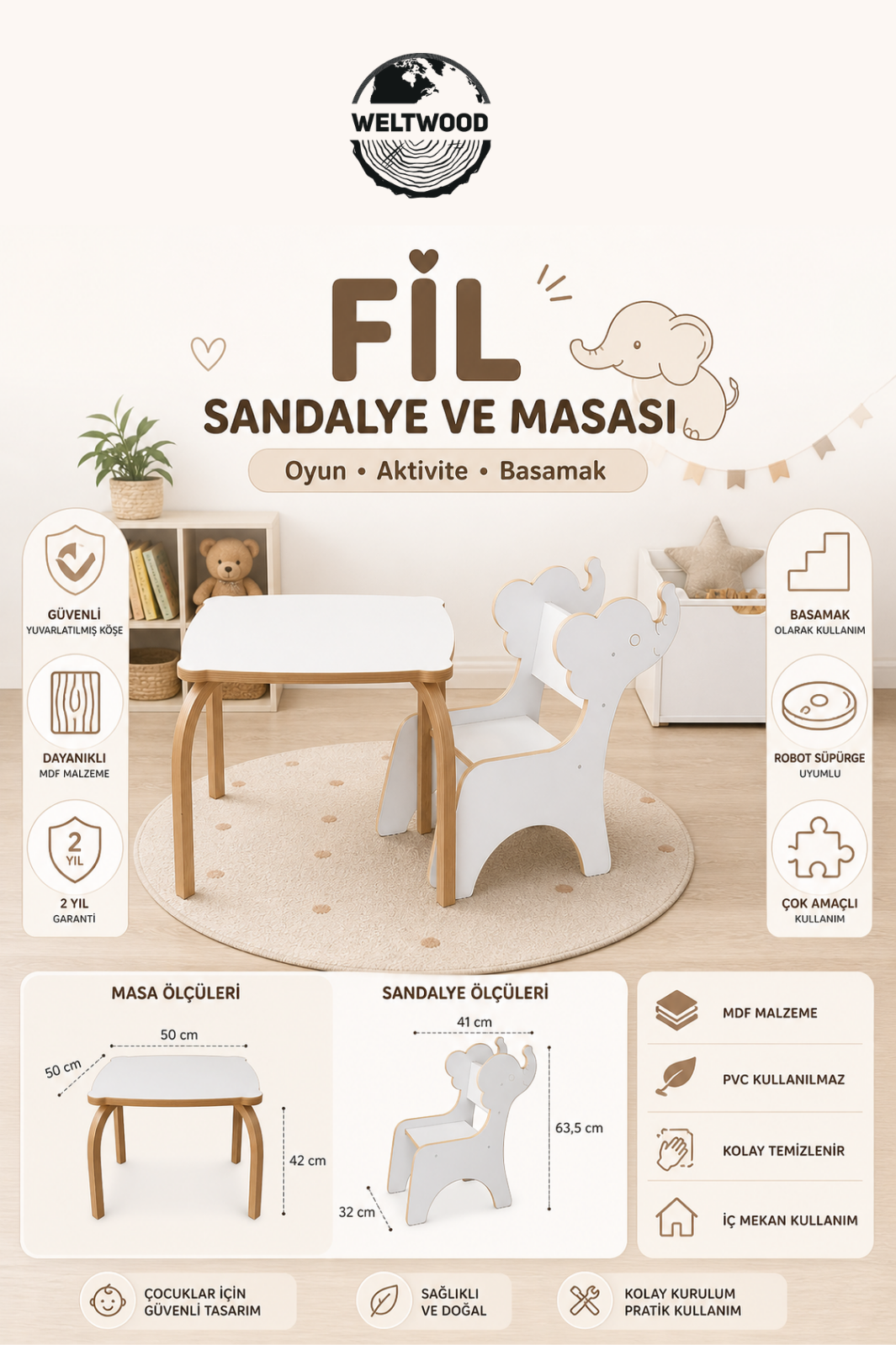 Fil Sandalye ve Masası | %100 MDF | Kayın Ağacından Masa Ayaklar
