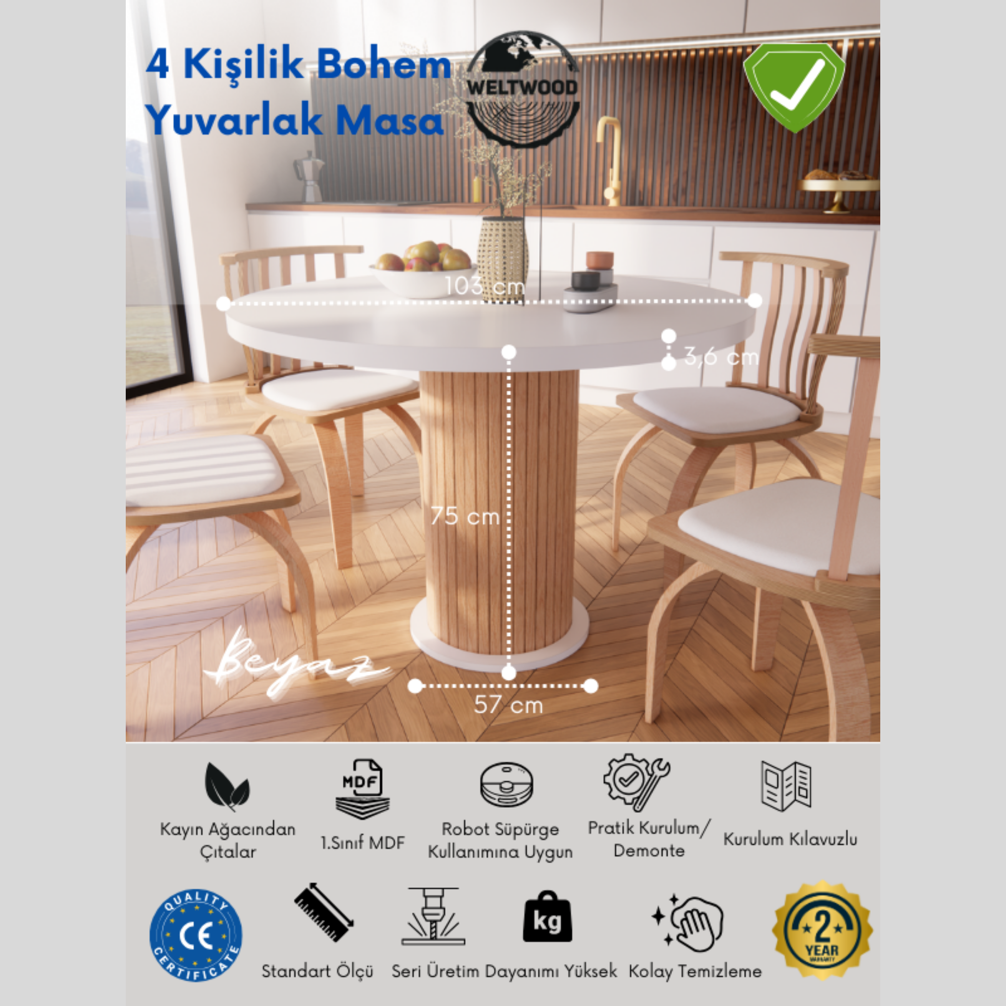 4 Kişilik İtalyan Beyaz Renkli Sandalye Setli Yuvarlak Yemek Masası, Bohem Stil (4 Sandalye Dahil)