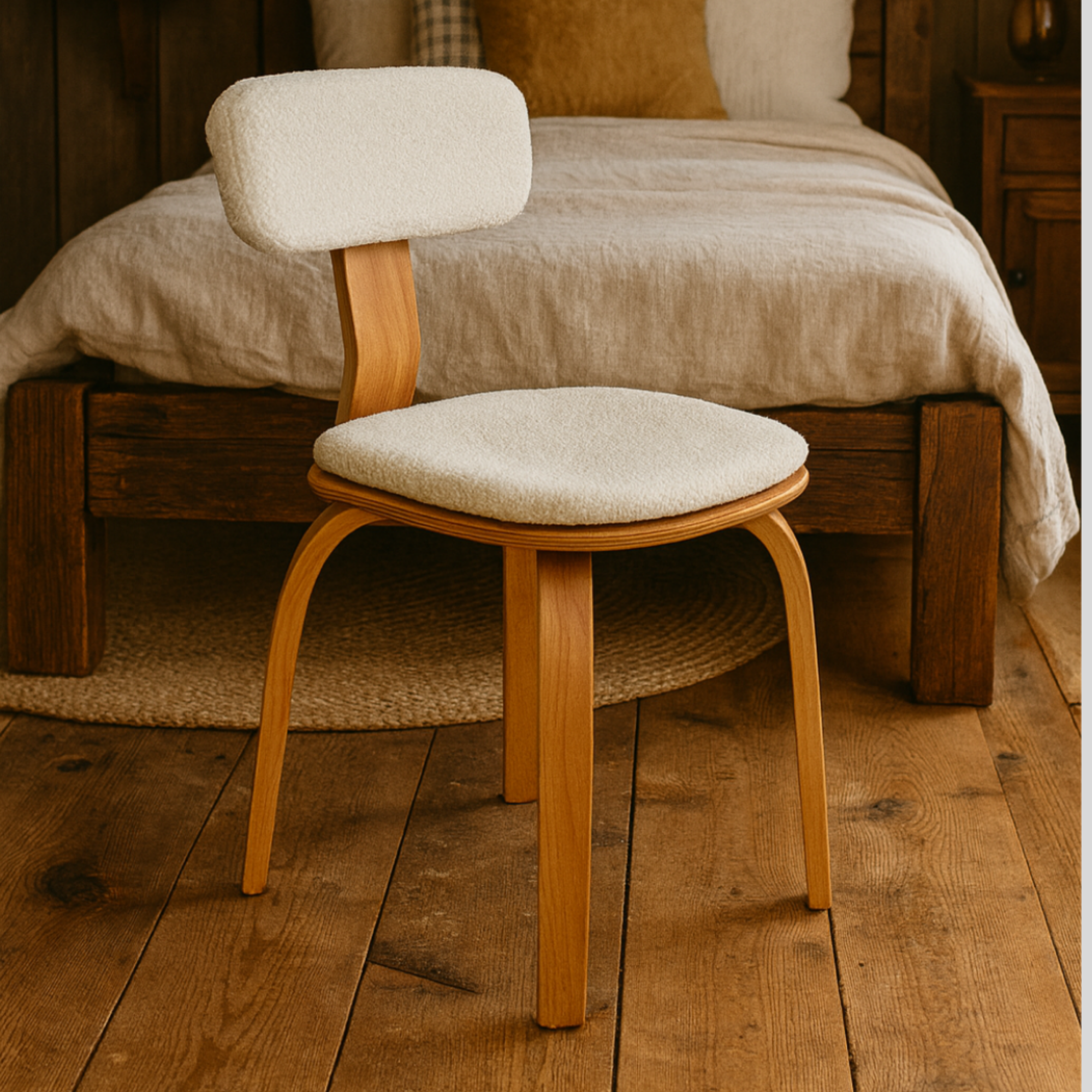 London Bohem Sandalye, Kayın Ağacı Lamine, Cilalı, Minderli, Teddy Kumaş, 1 Adet