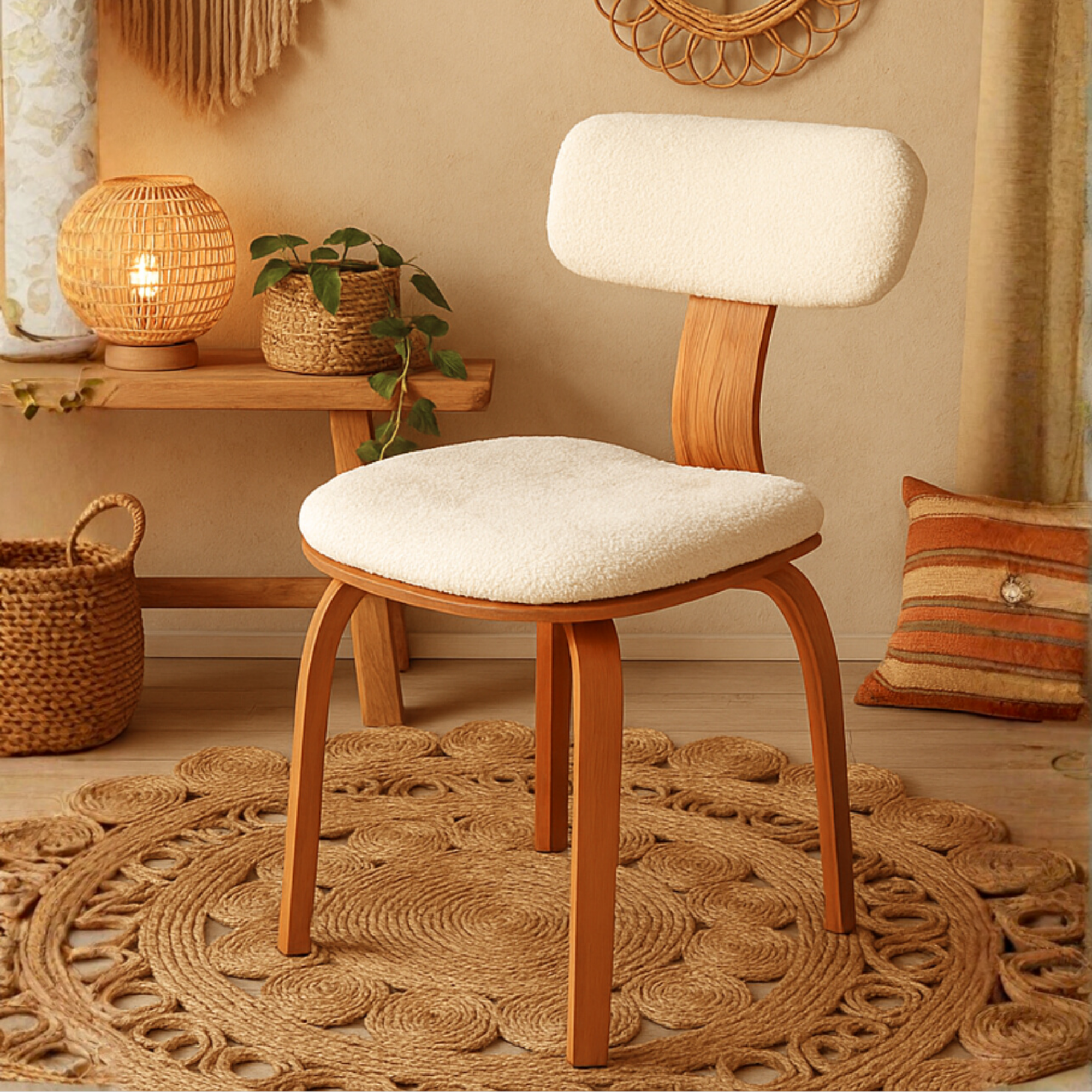 London Bohem Sandalye, Kayın Ağacı Lamine, Cilalı, Minderli, Teddy Kumaş, 1 Adet