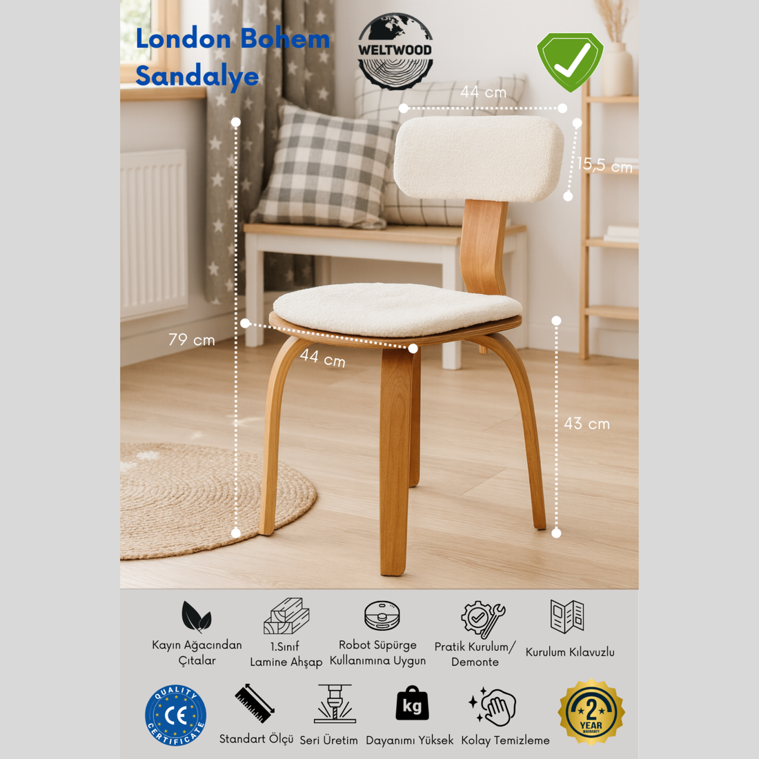London Bohem Sandalye, Kayın Ağacı Lamine, Cilalı, Minderli, Teddy Kumaş, 1 Adet